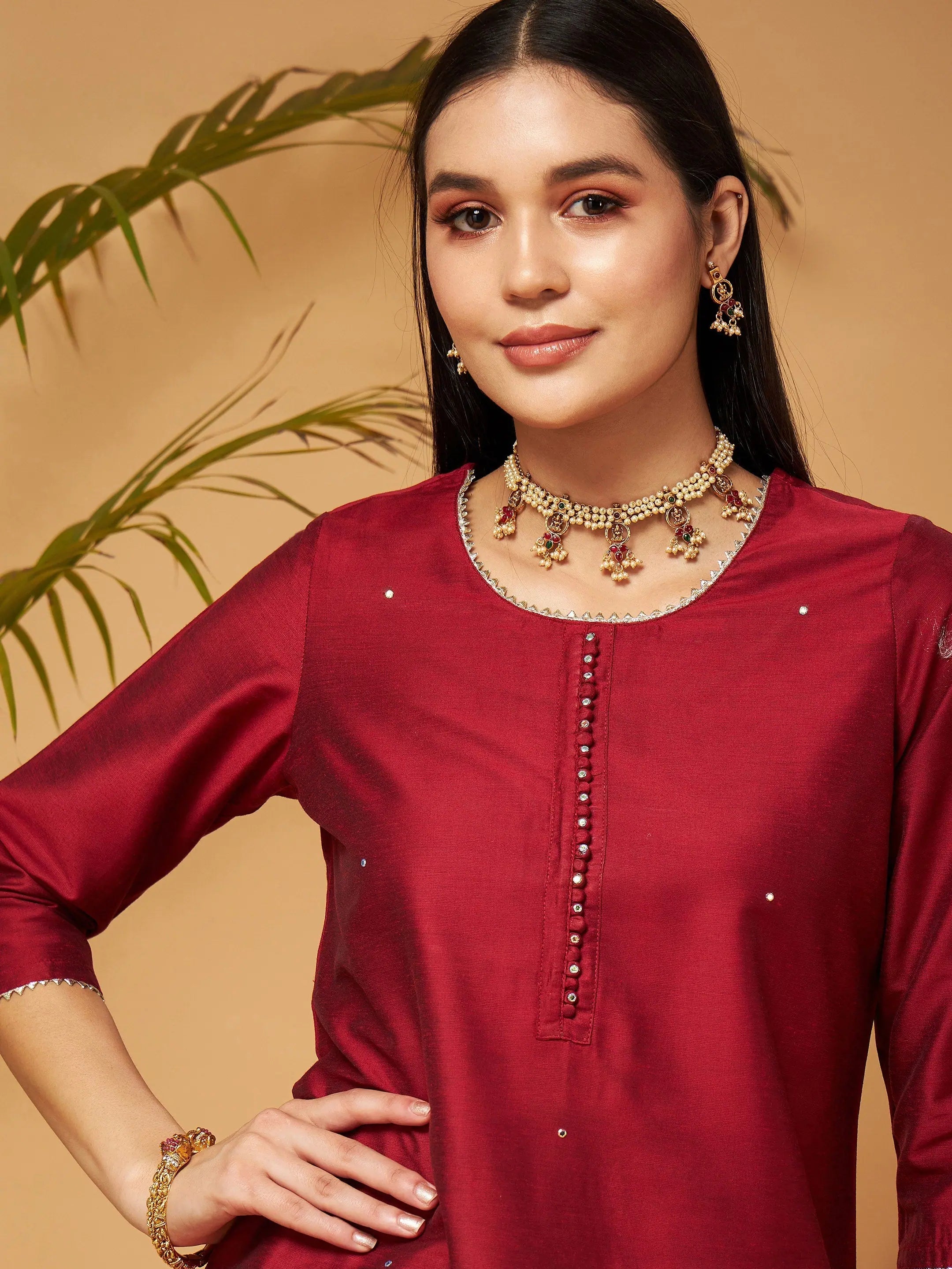 Women's Maroon Kurta Palazzo Set with Printed Flared Palazzo