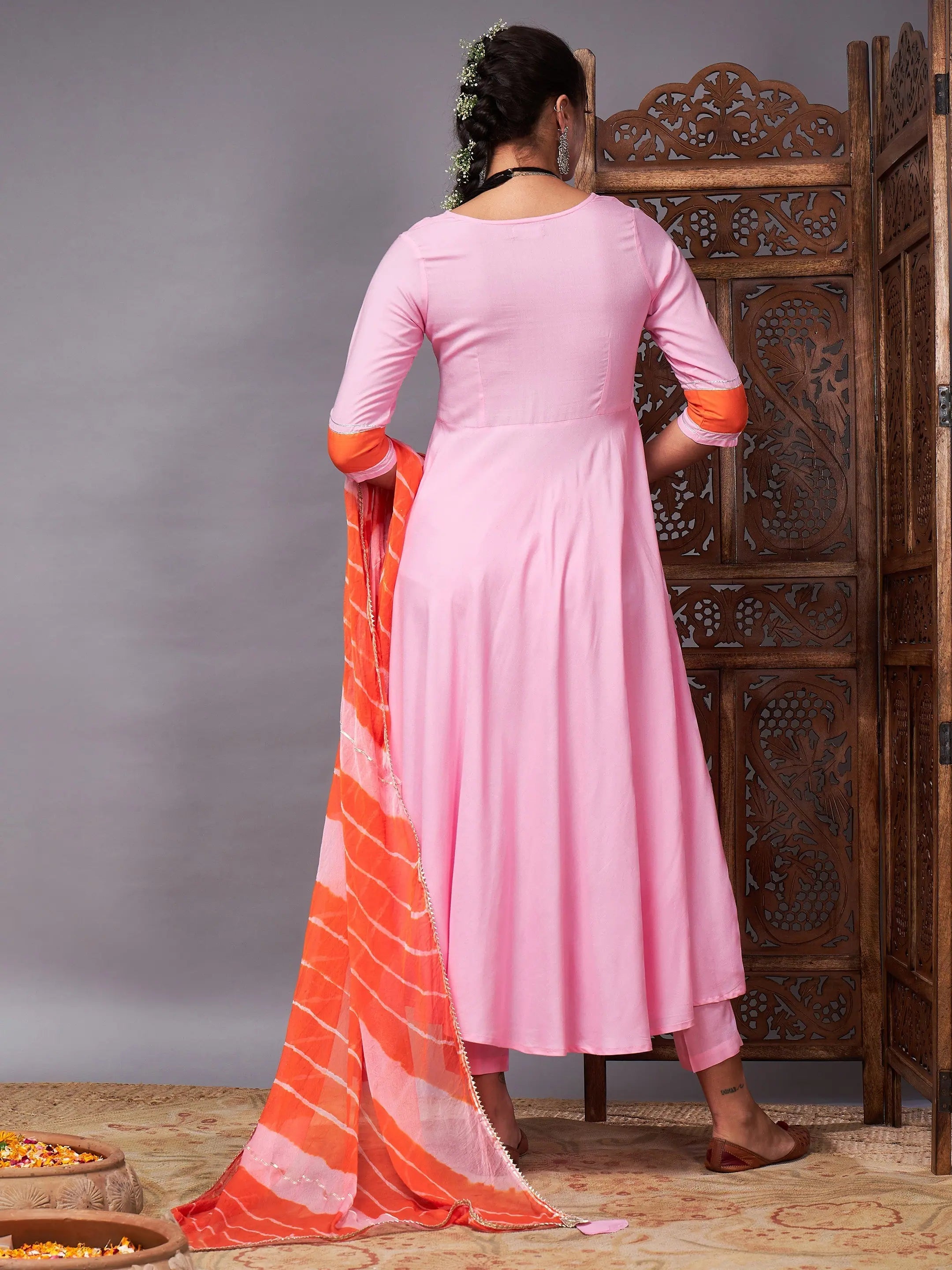 Pink Kurta Set with Lehariya Dupatta | Women's Indian Kurta Sets