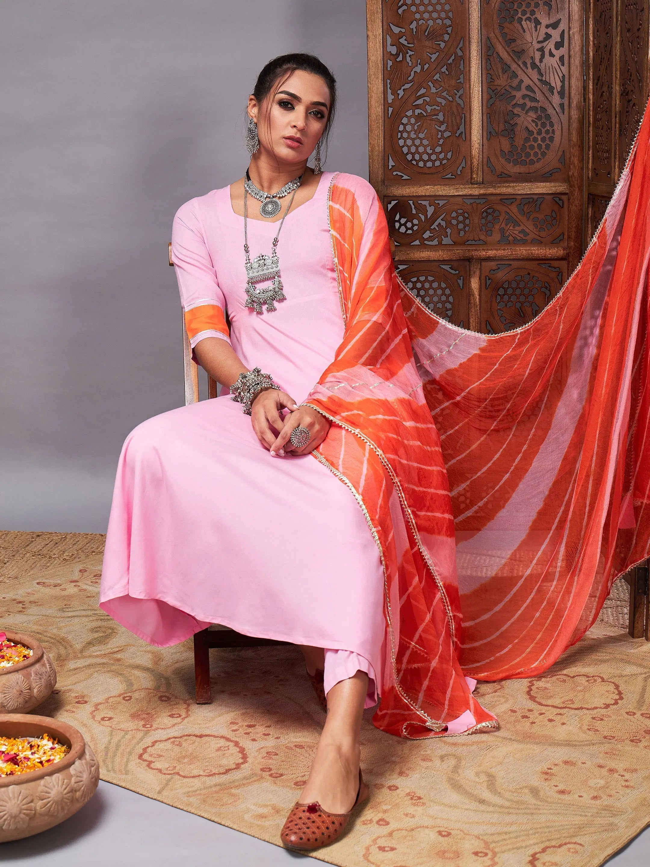 Pink Kurta Set with Lehariya Dupatta | Women's Indian Kurta Sets