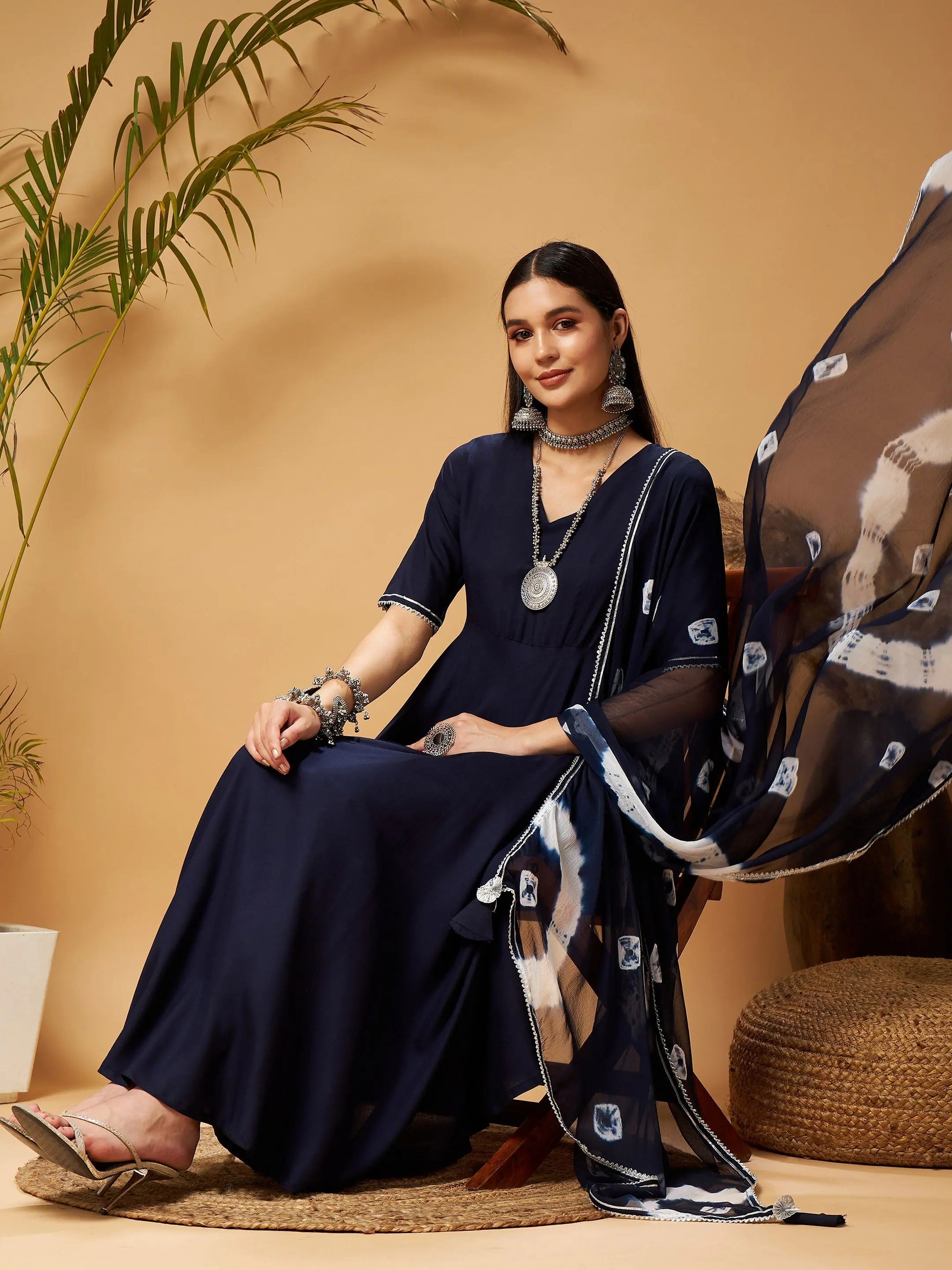 Navy Kurta Set with Bandhej Dupatta | Women's Indian Kurta Sets