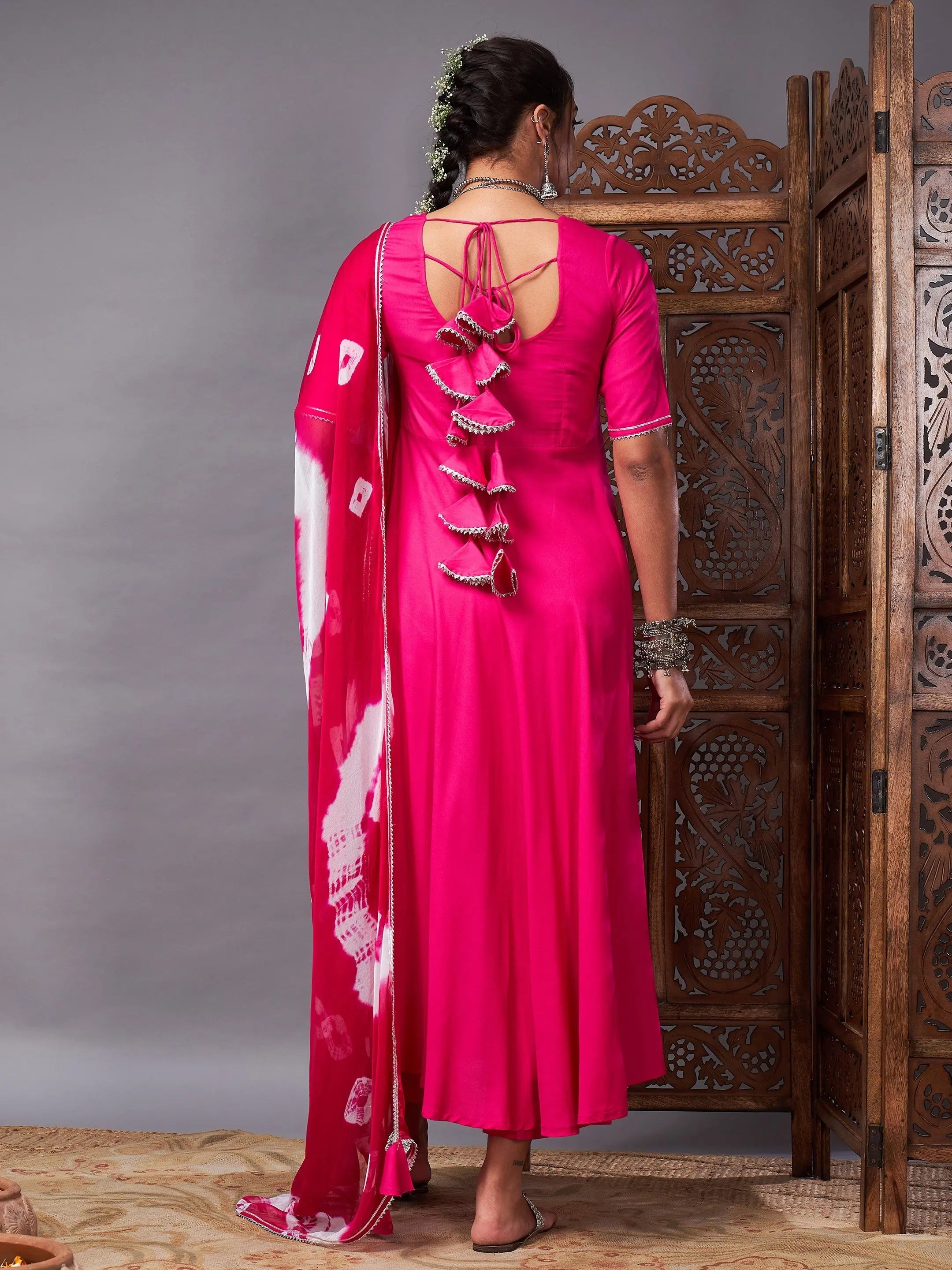 Fuchsia Kurta Set With Bandhej Dupatta | Indian Kurta Sets