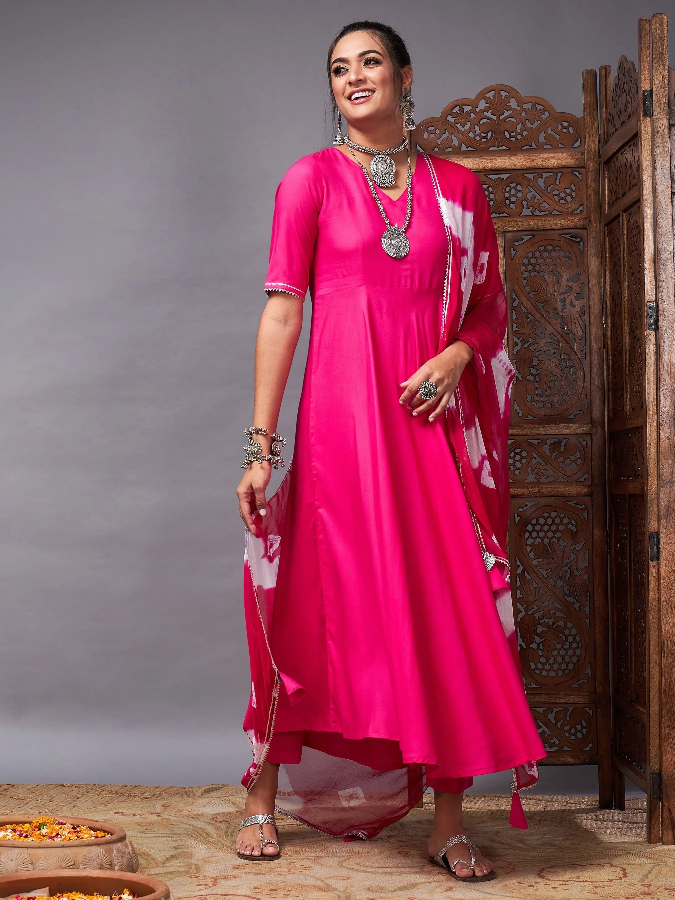 Fuchsia Kurta Set With Bandhej Dupatta | Indian Kurta Sets
