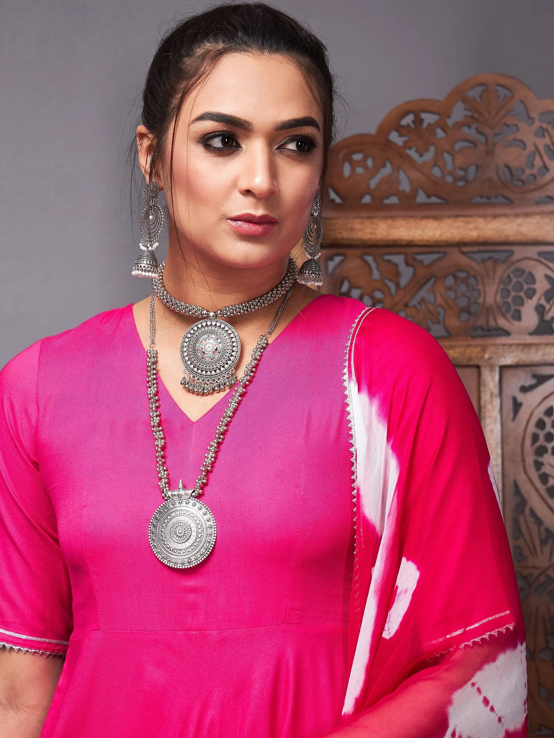 Fuchsia Kurta Set With Bandhej Dupatta | Indian Kurta Sets