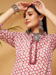 Women White Floral Neck Band Kurta With Pants