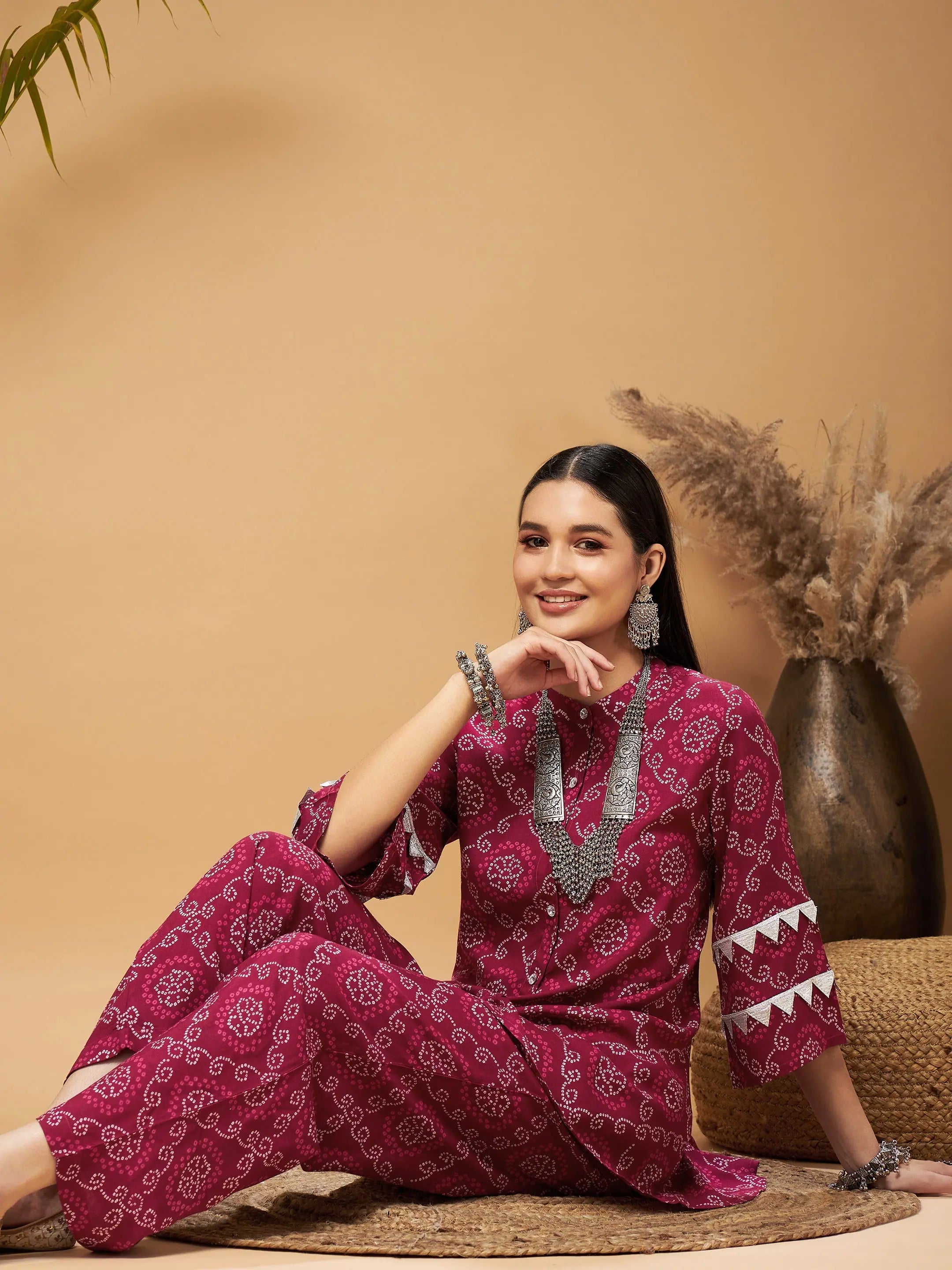 Fuchsia Bandhej Top & Palazzos | Women's Western Wear