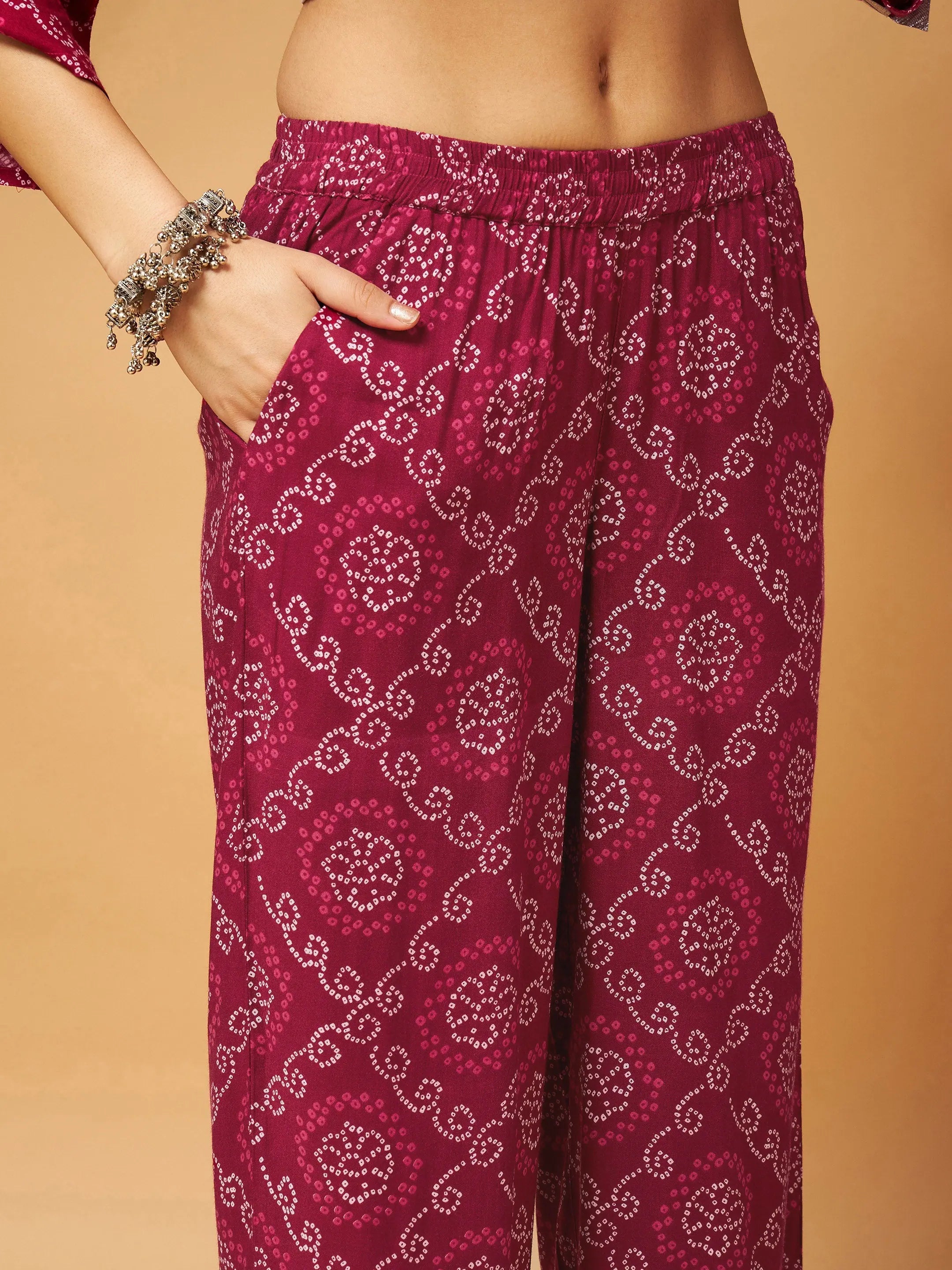 Fuchsia Bandhej Top & Palazzos | Women's Western Wear
