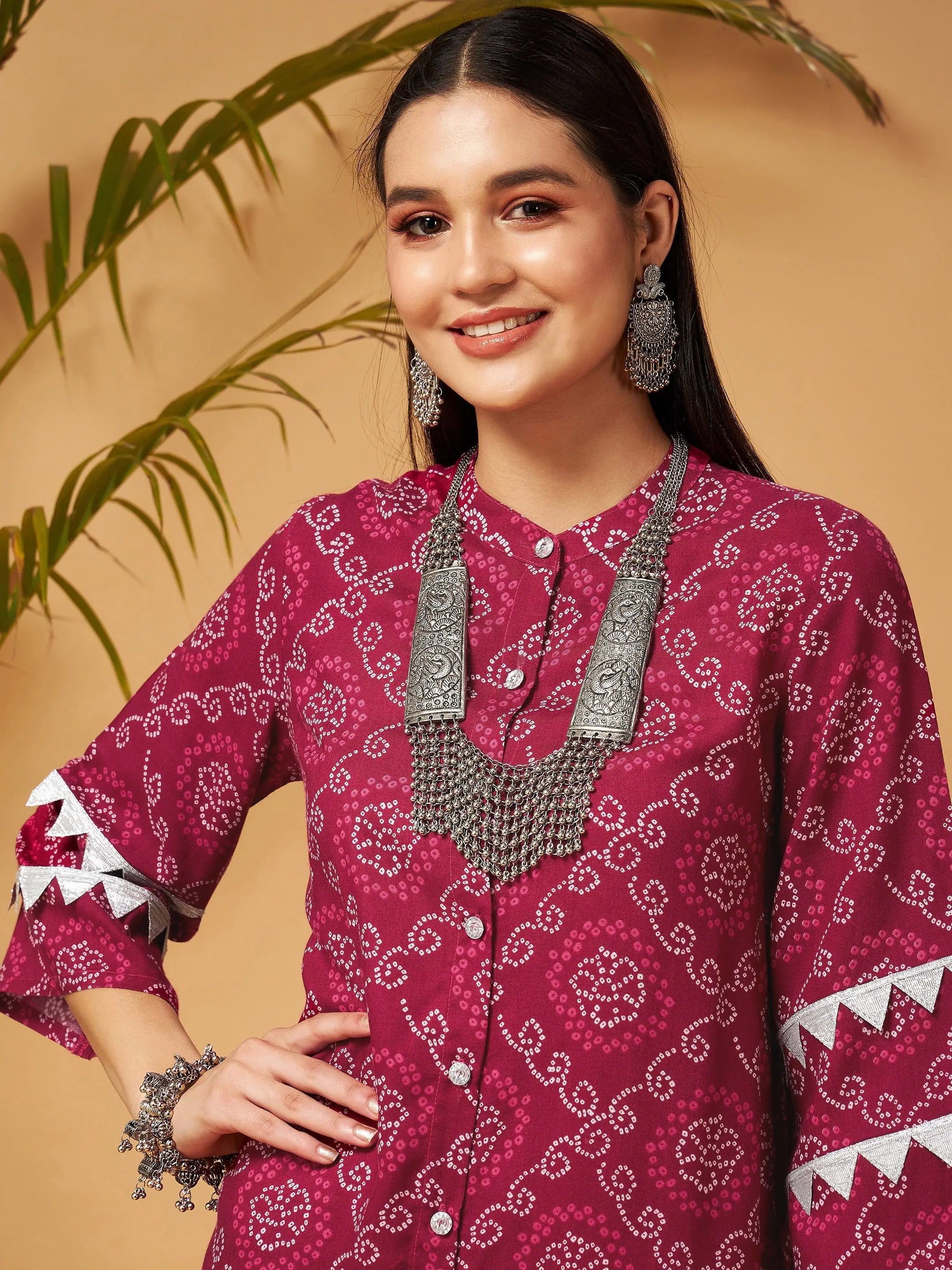Fuchsia Bandhej Top & Palazzos | Women's Western Wear
