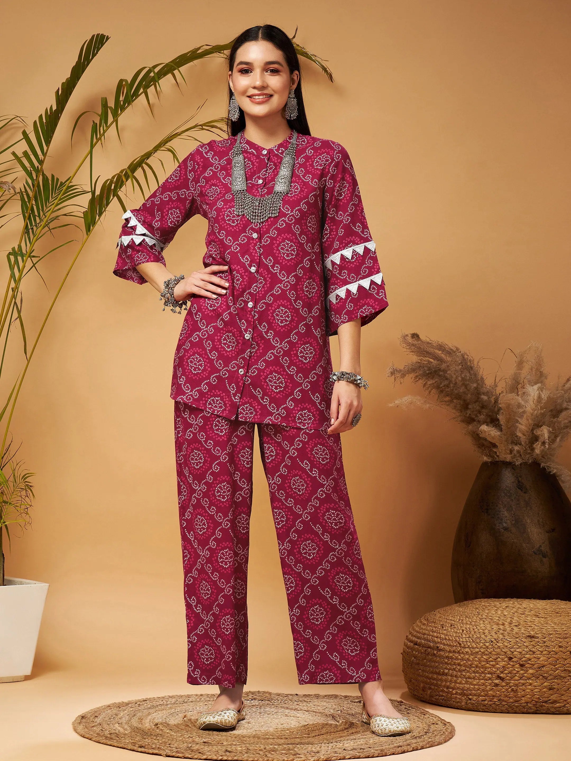 Fuchsia Bandhej Top & Palazzos | Women's Western Wear