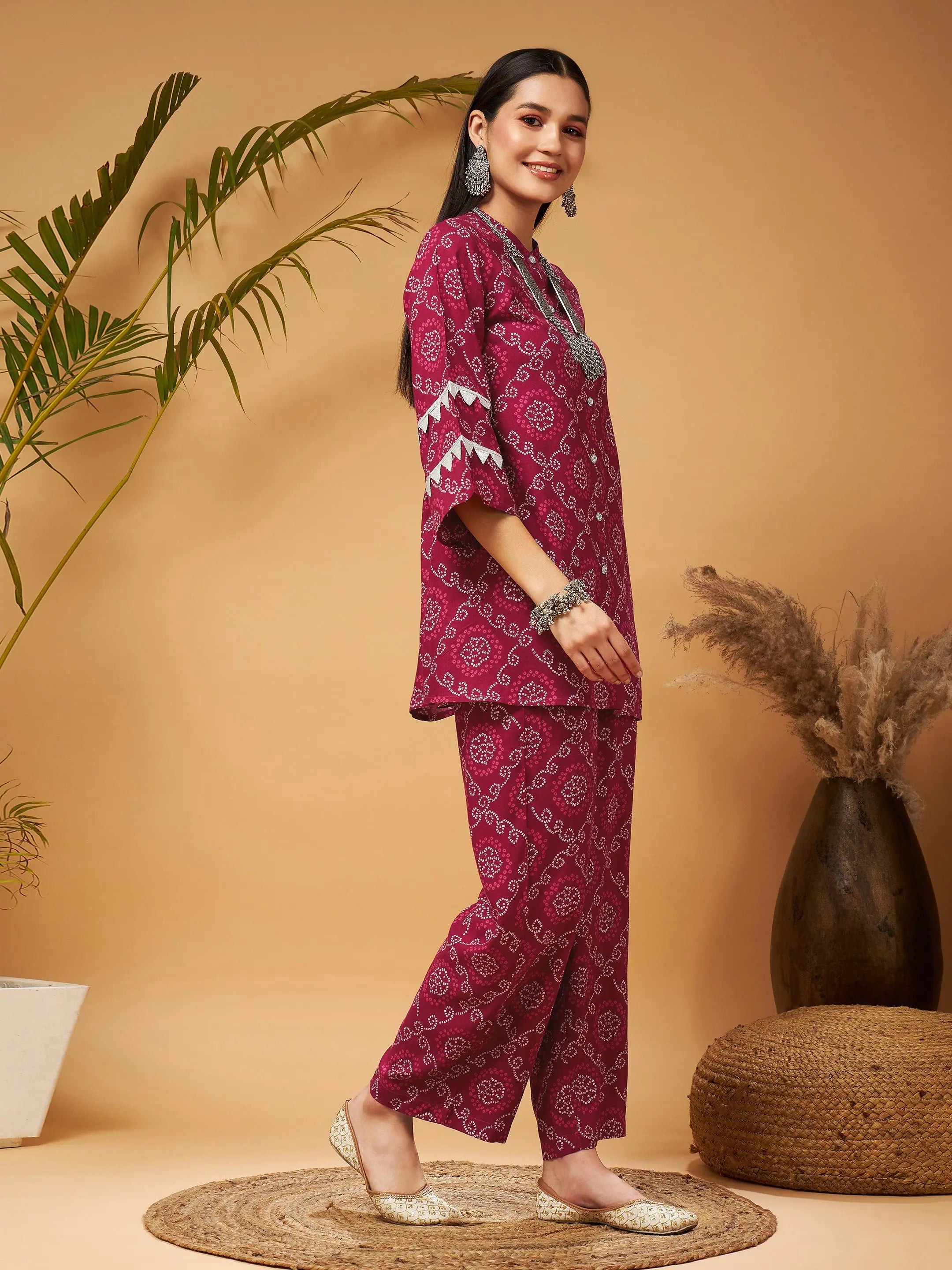 Fuchsia Bandhej Top & Palazzos | Women's Western Wear