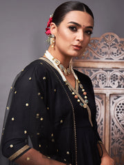 Women Black Kurta Set With Net Sequins Dupatta