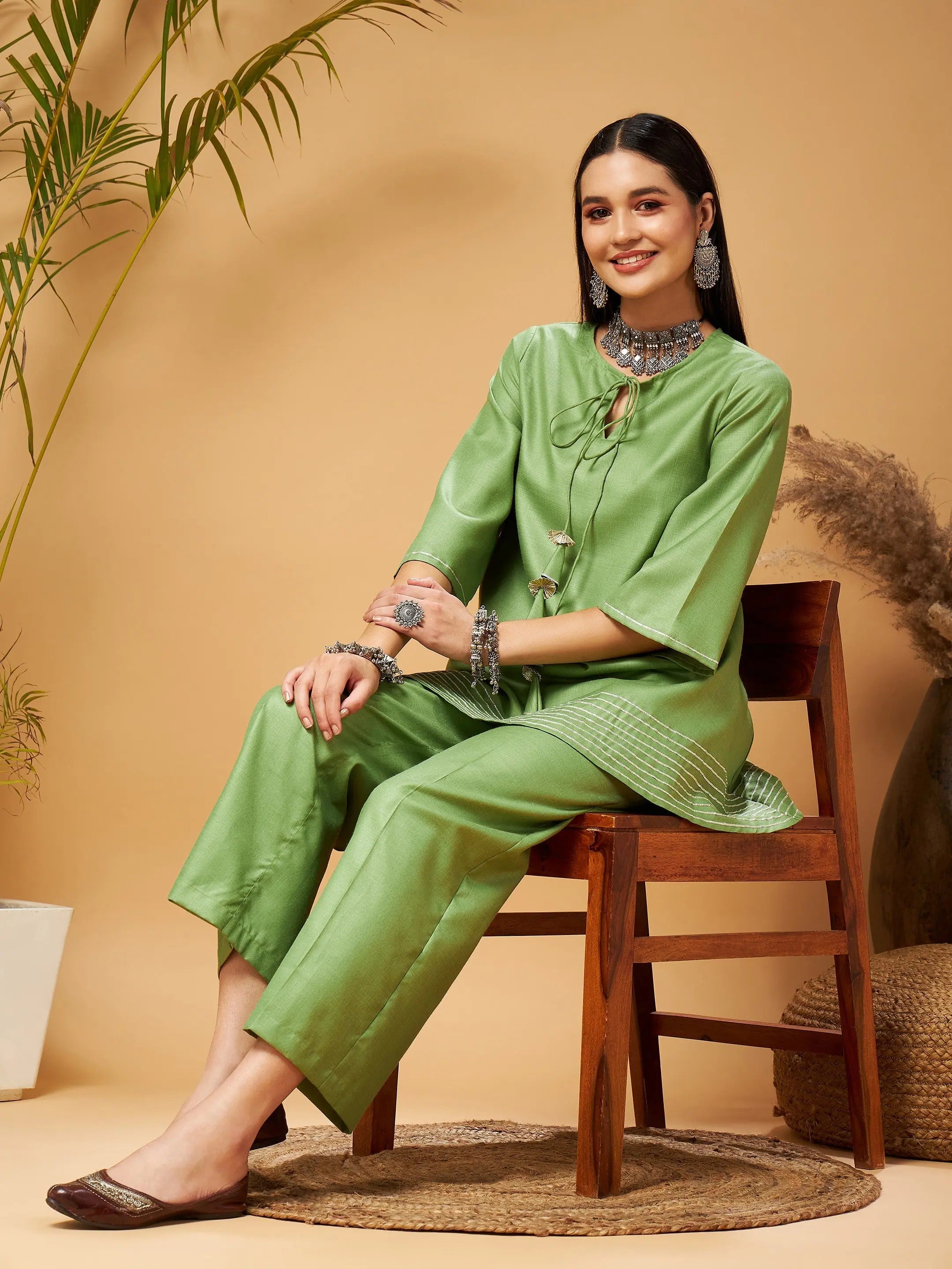 Green Peplum Top & Palazzos - Women's Western Outfits