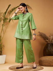 Women Green Peplum Gota Lace Top With Palazzos