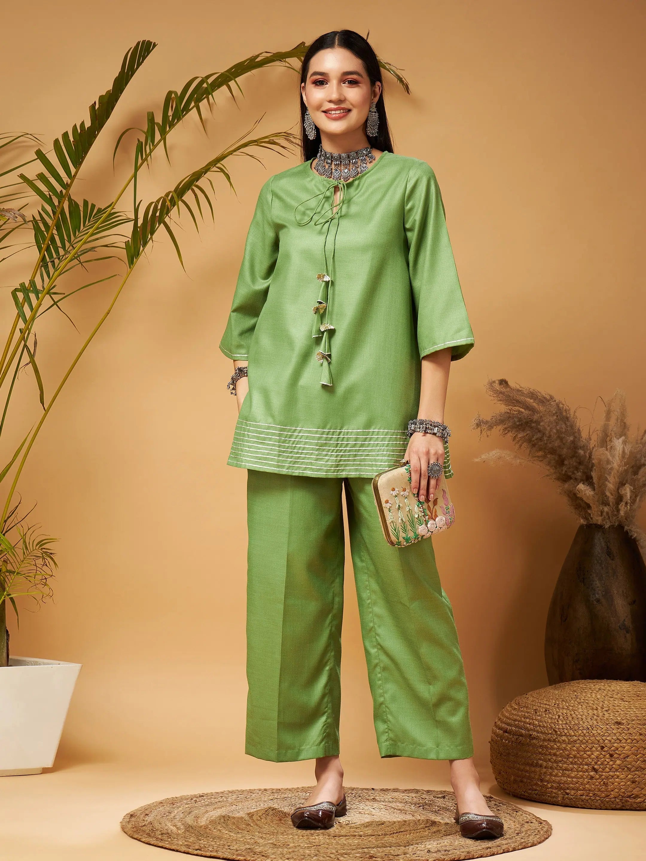 Green Peplum Top & Palazzos - Women's Western Outfits