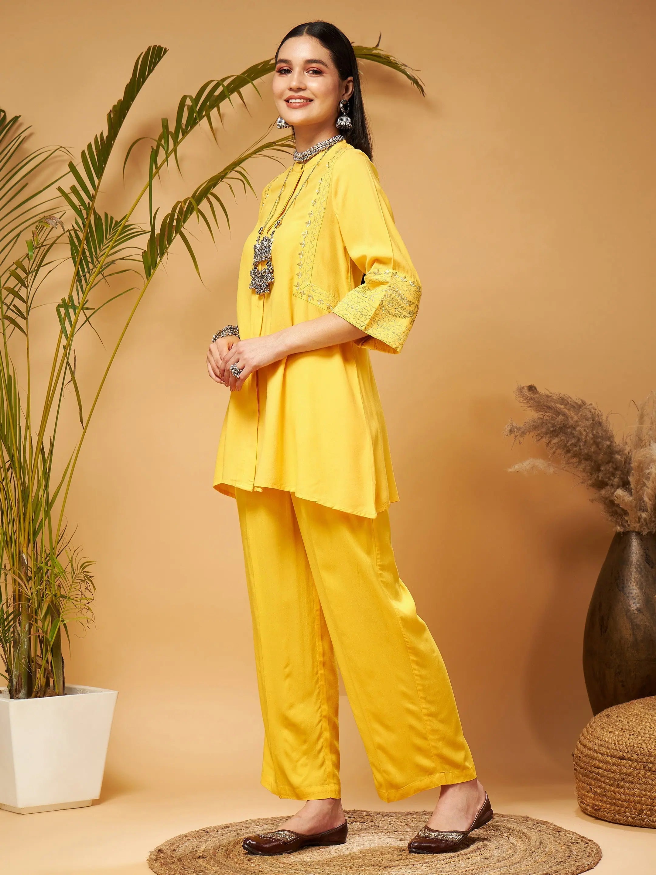 Yellow Embroidered Top & Palazzos - Vibrant Women's Shirts