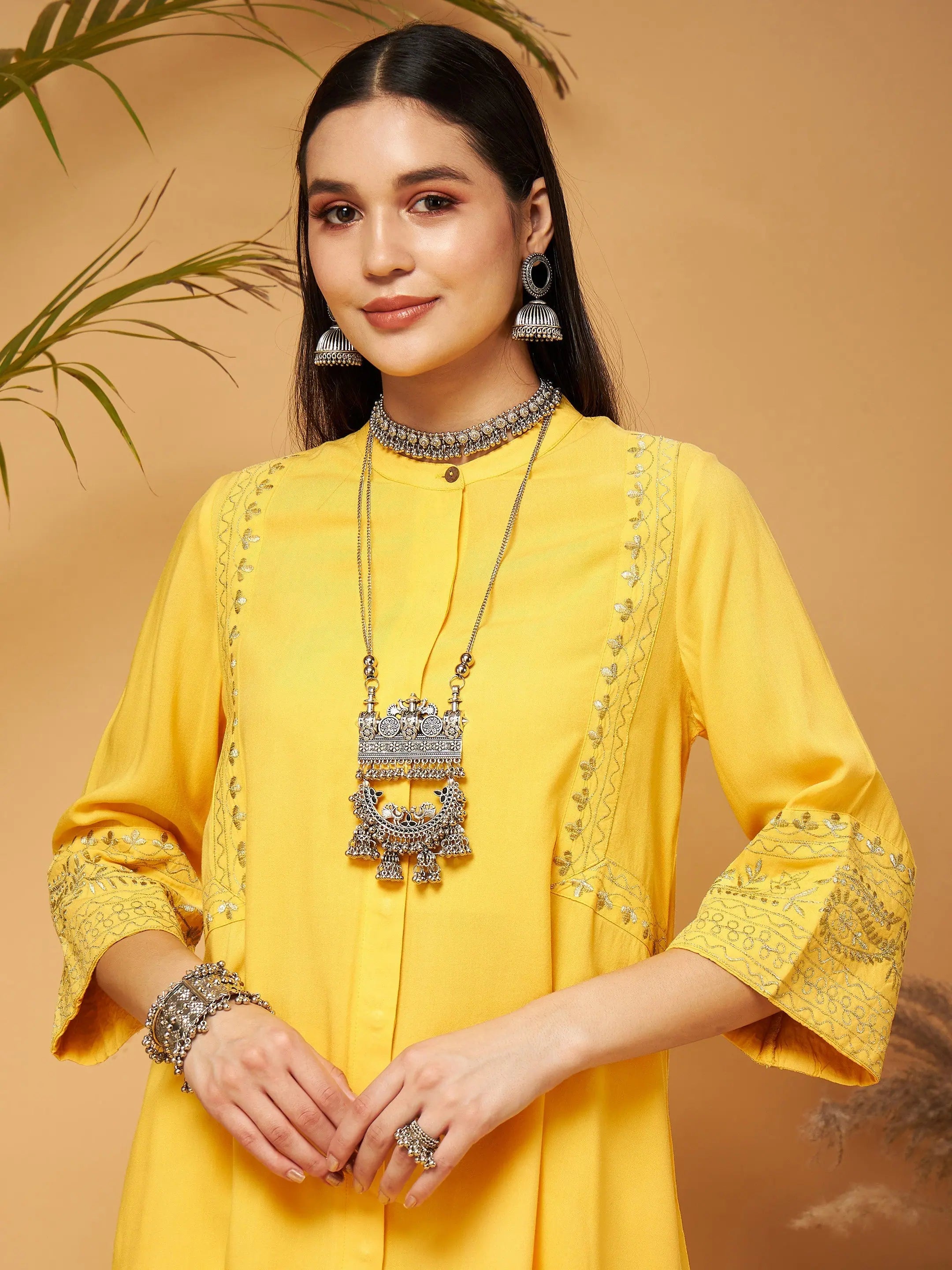 Yellow Embroidered Top & Palazzos - Vibrant Women's Shirts