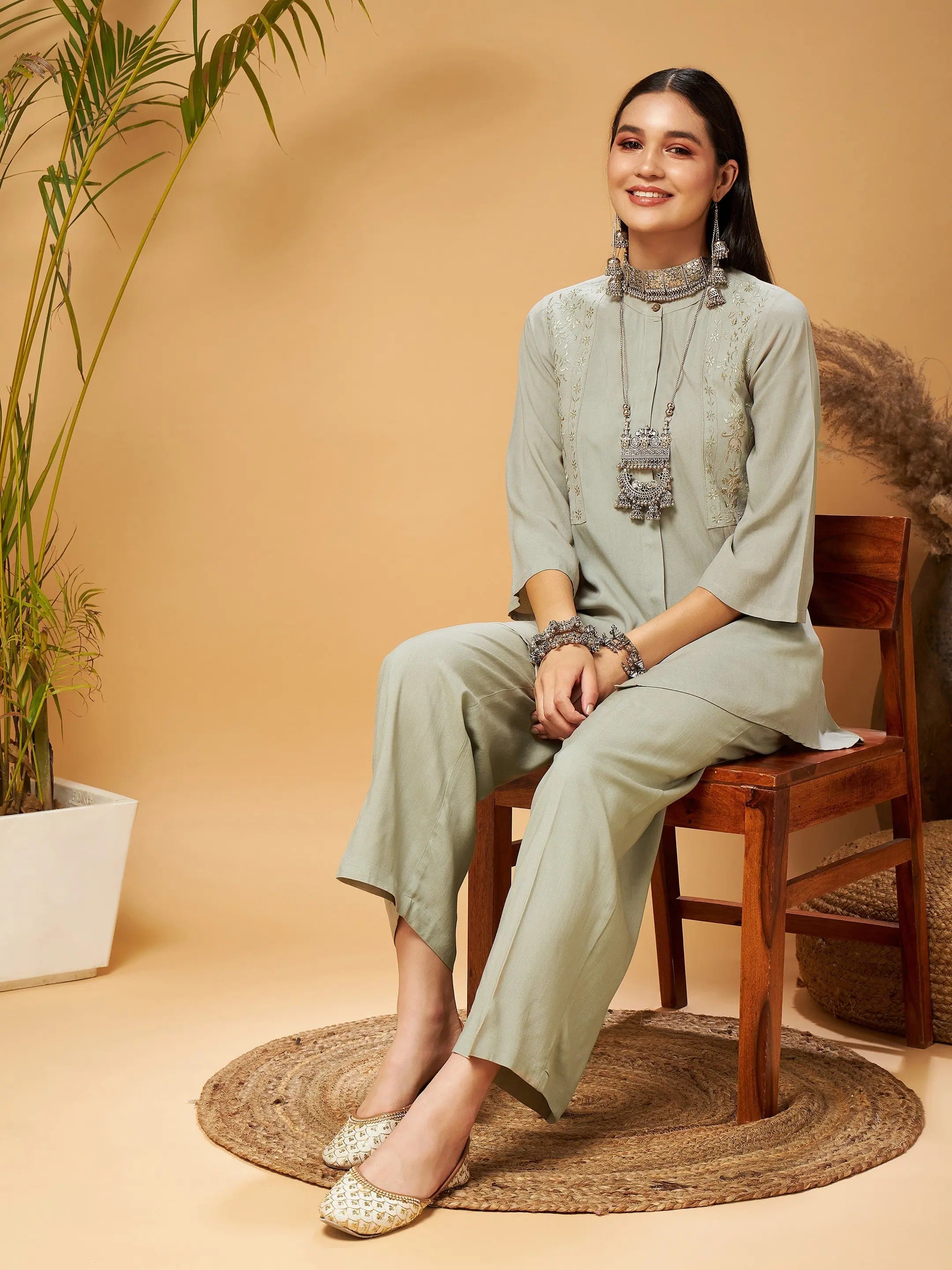 Taupe Embroidered Top & Palazzos - Stylish Women's Tunics