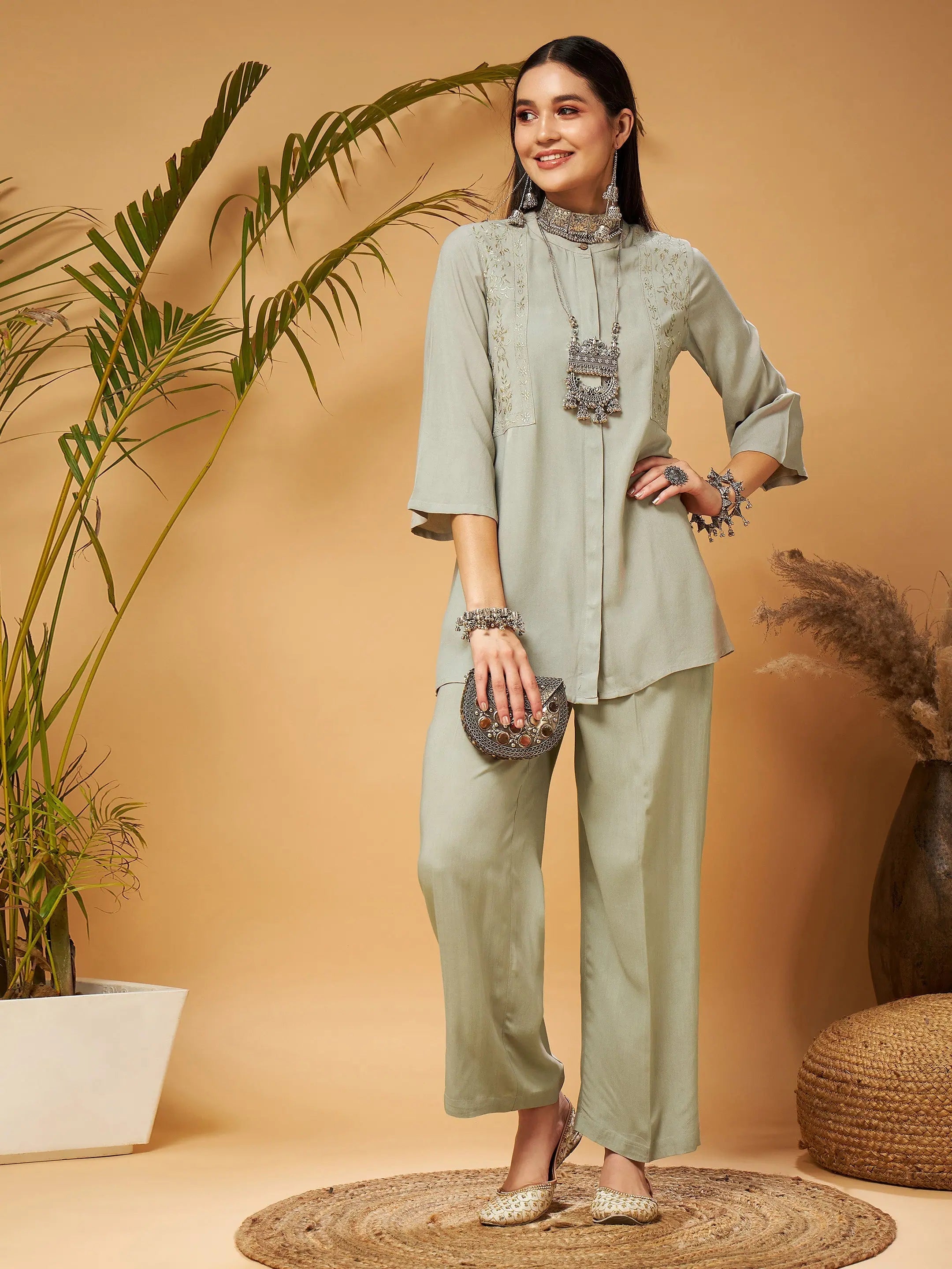 Taupe Embroidered Top & Palazzos - Stylish Women's Tunics