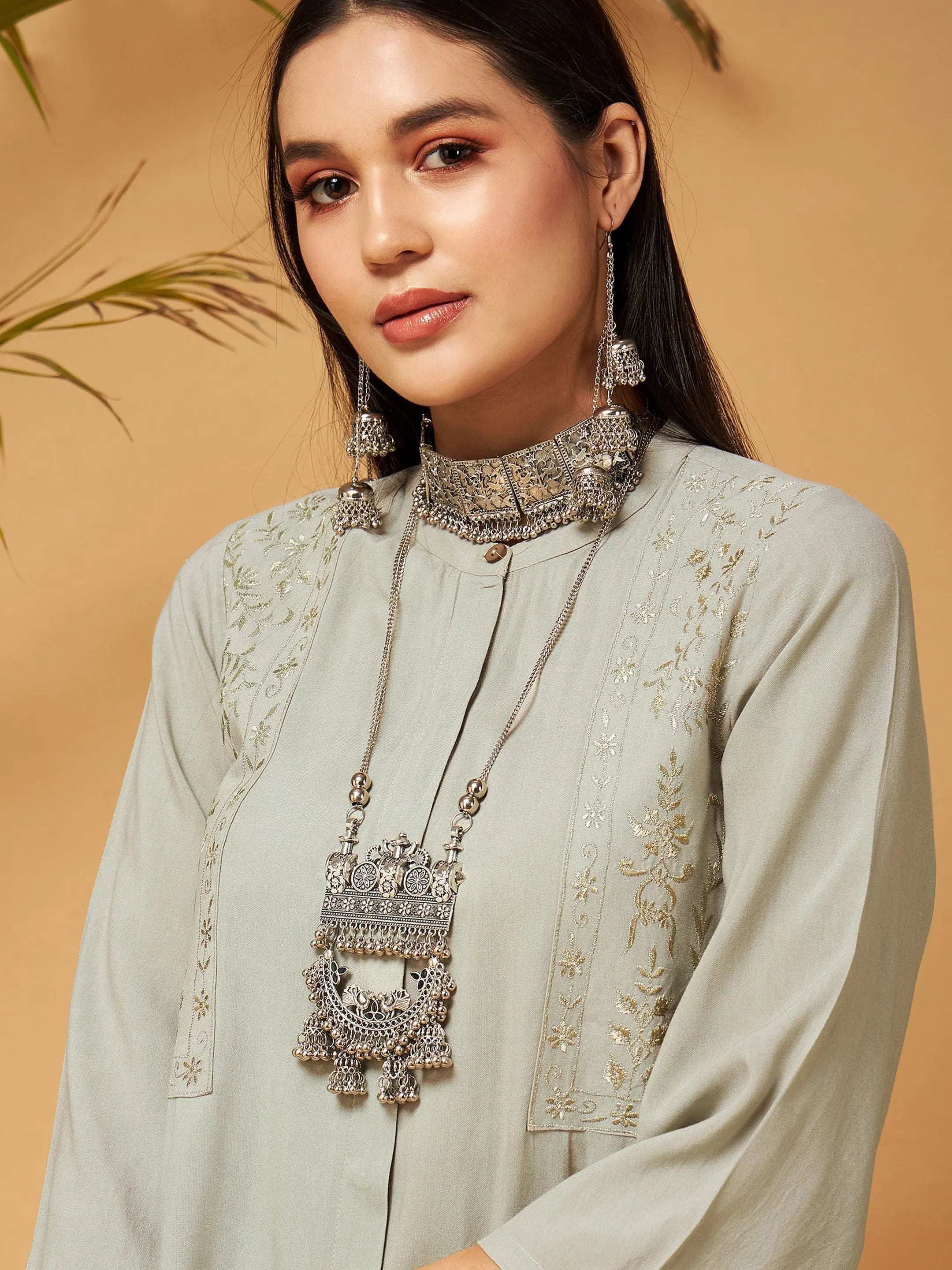 Taupe Embroidered Top & Palazzos - Stylish Women's Tunics