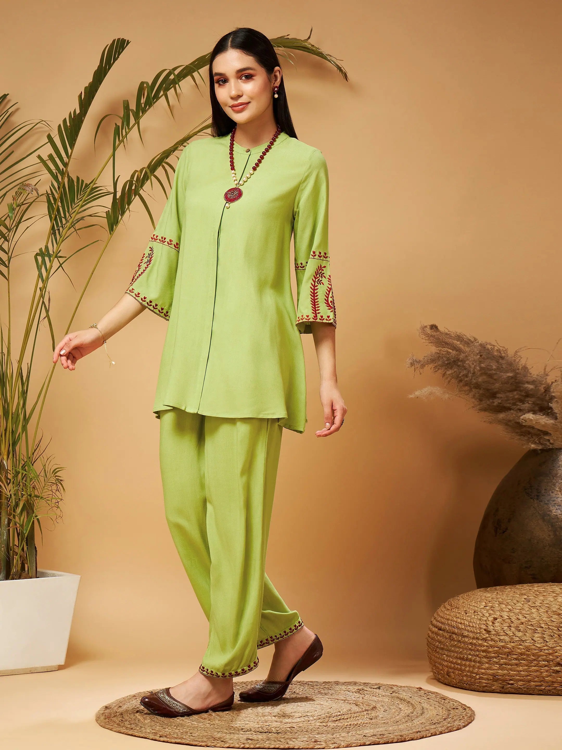 Green Embroidered Top & Palazzos - Women's Western Wear