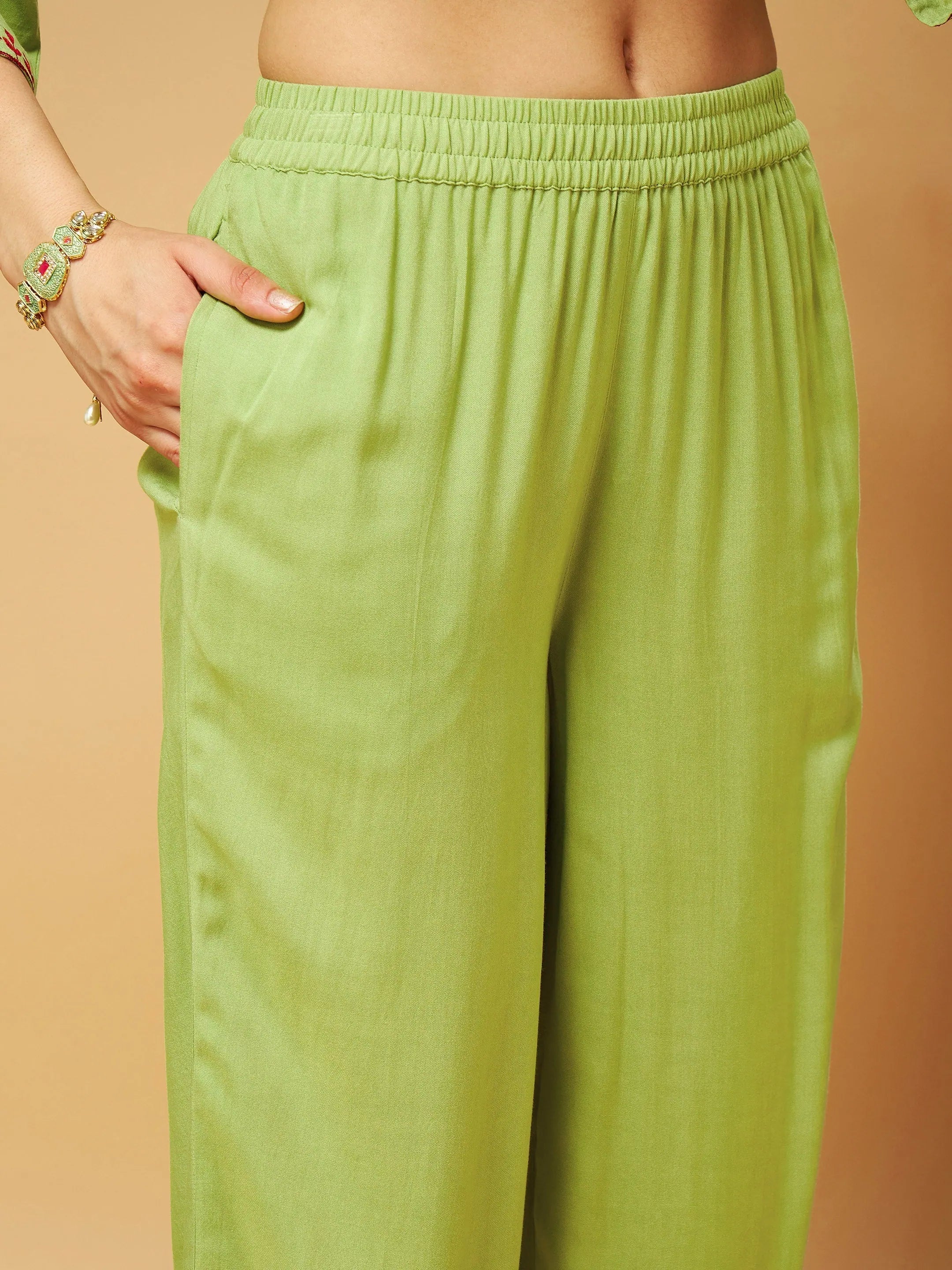 Green Embroidered Top & Palazzos - Women's Western Wear