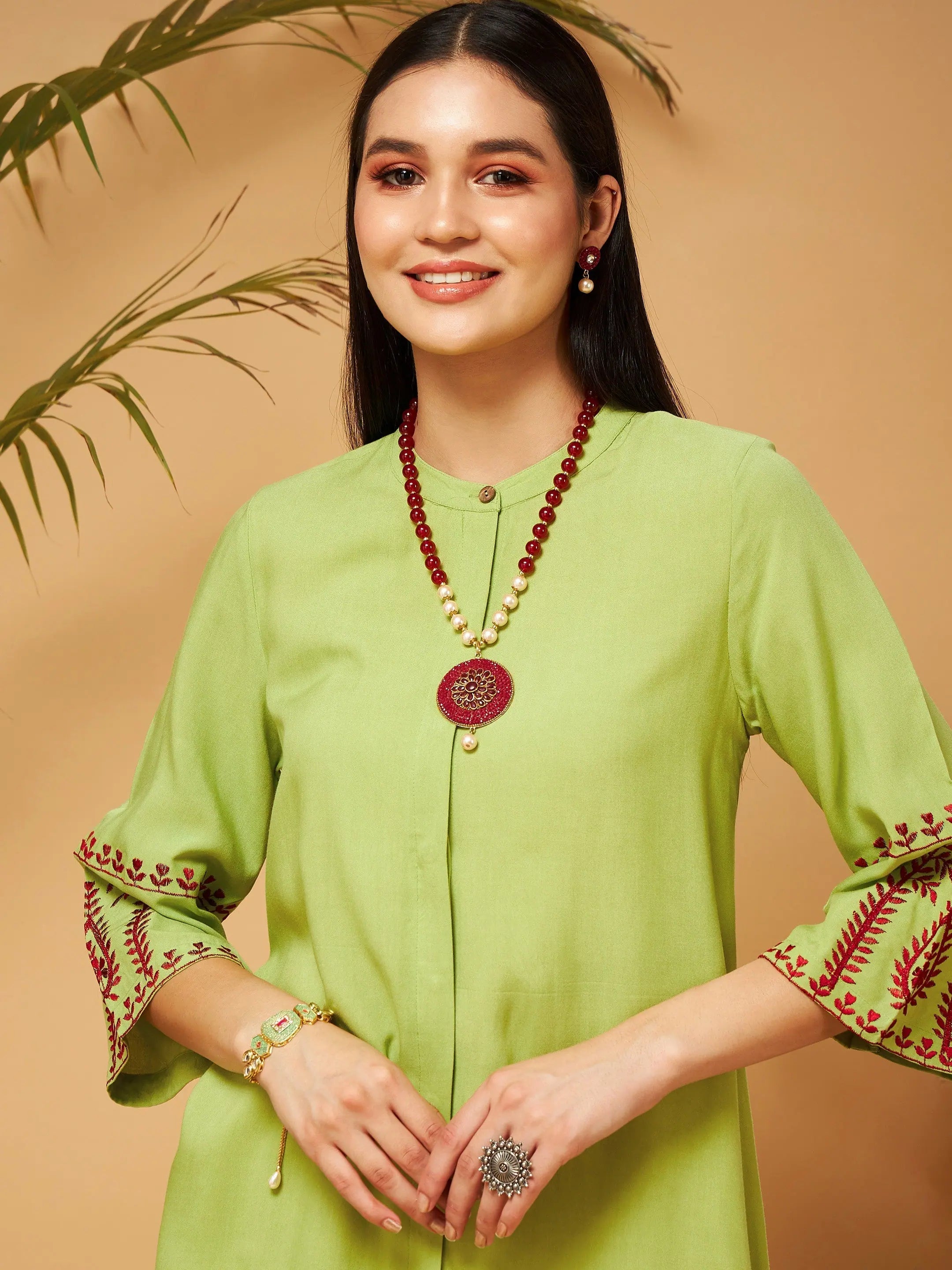 Green Embroidered Top & Palazzos - Women's Western Wear