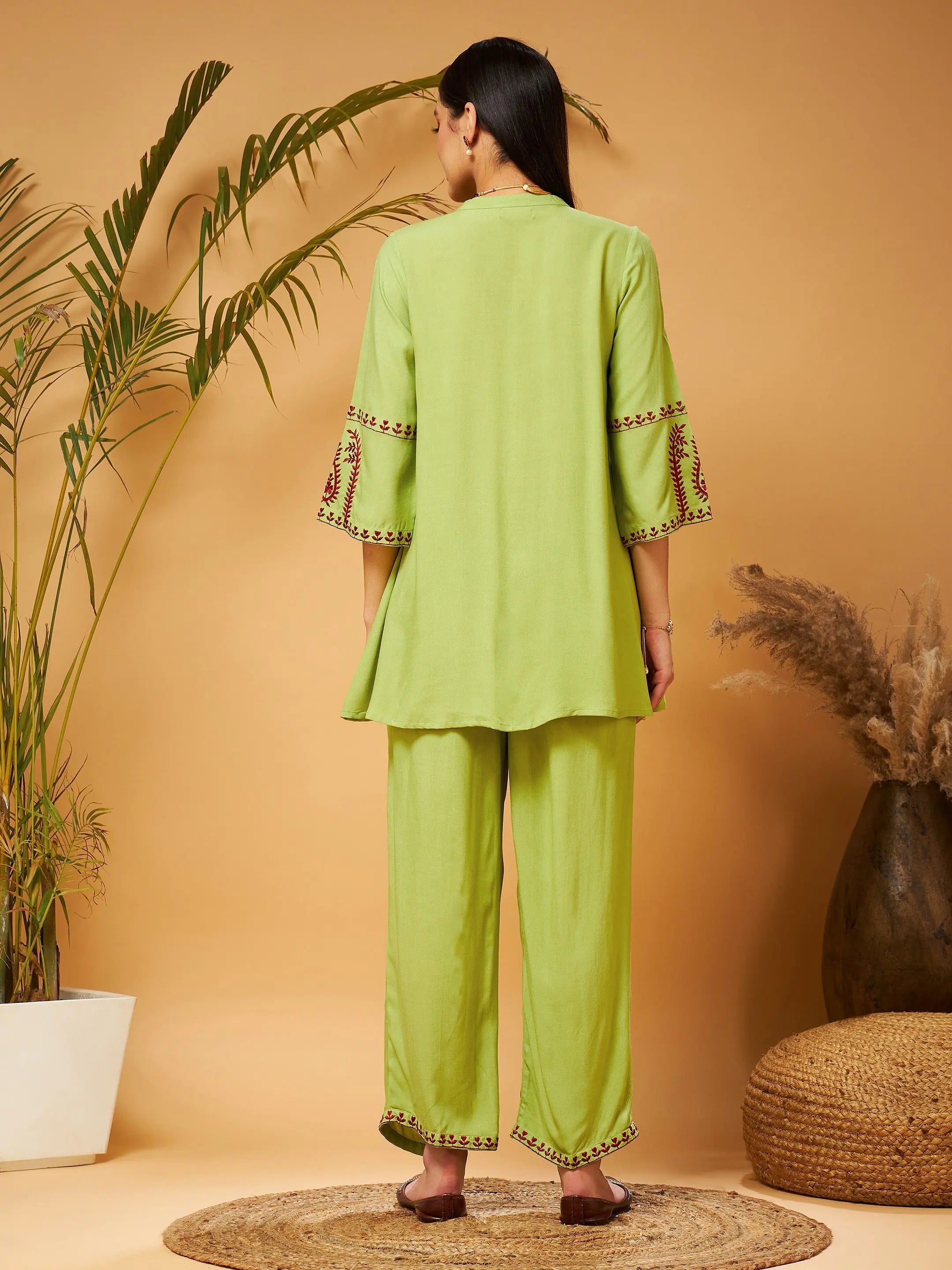 Green Embroidered Top & Palazzos - Women's Western Wear