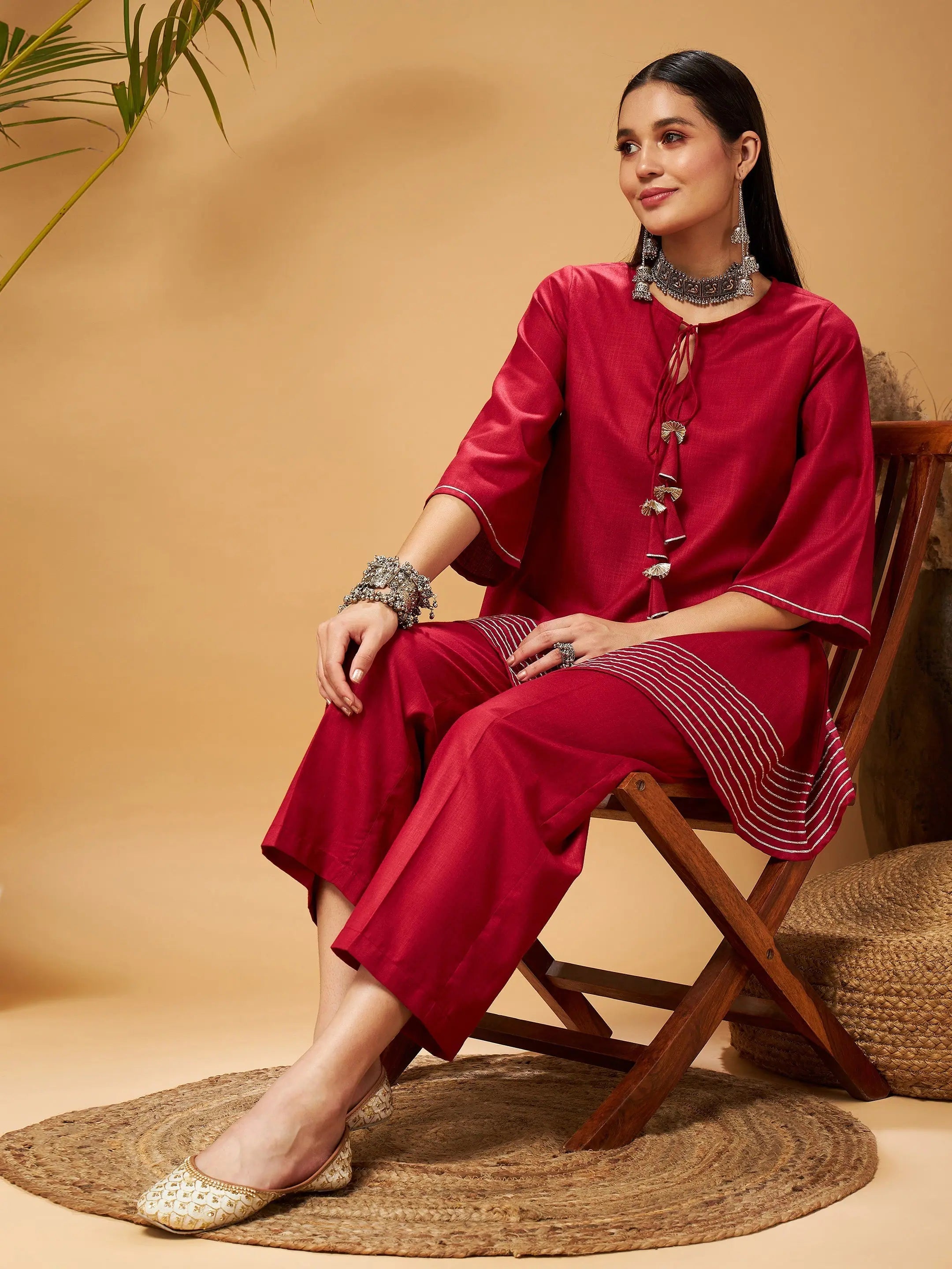 Maroon Peplum Top & Palazzos - Women's Western Clothing