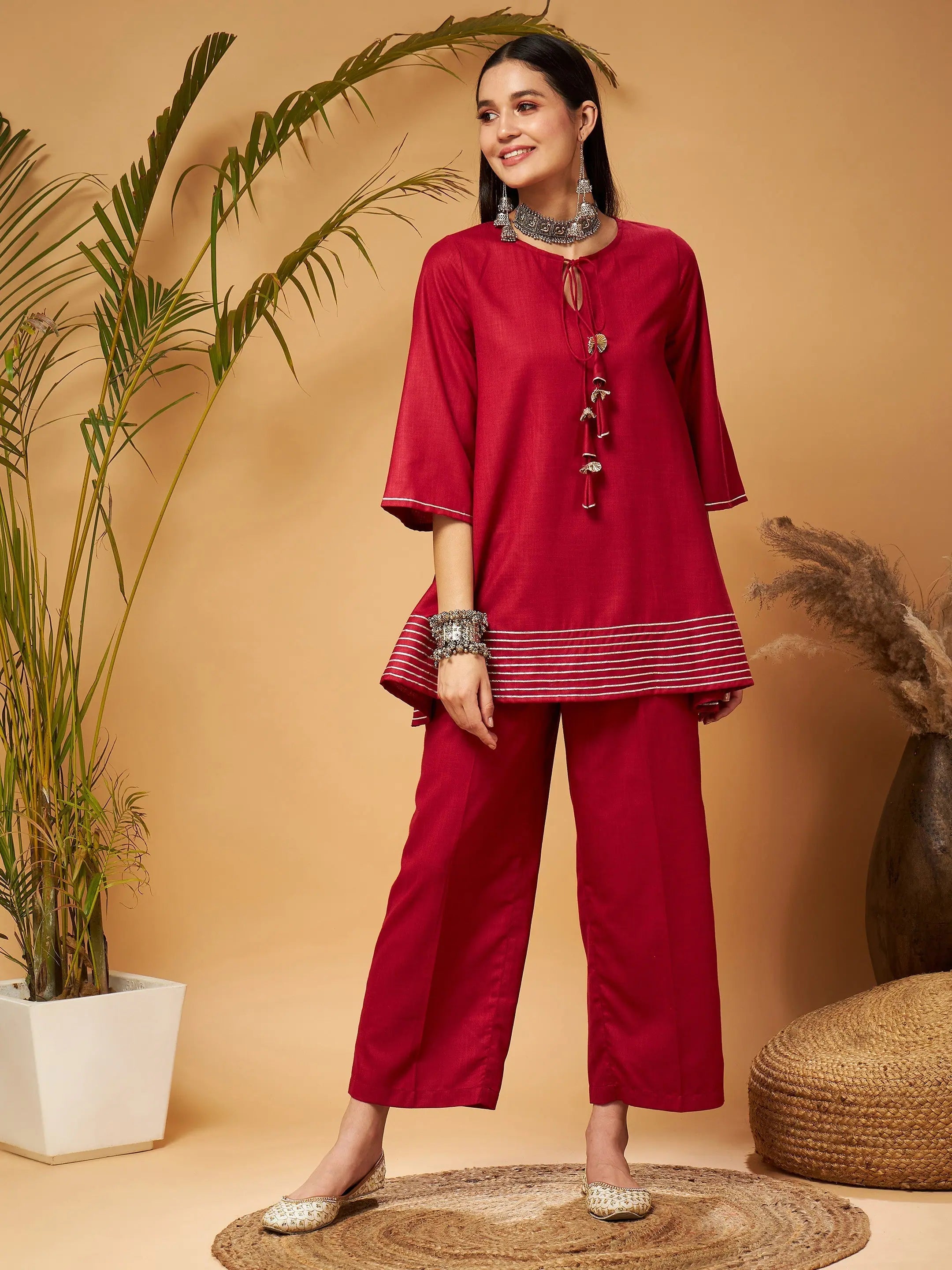Maroon Peplum Top & Palazzos - Women's Western Clothing