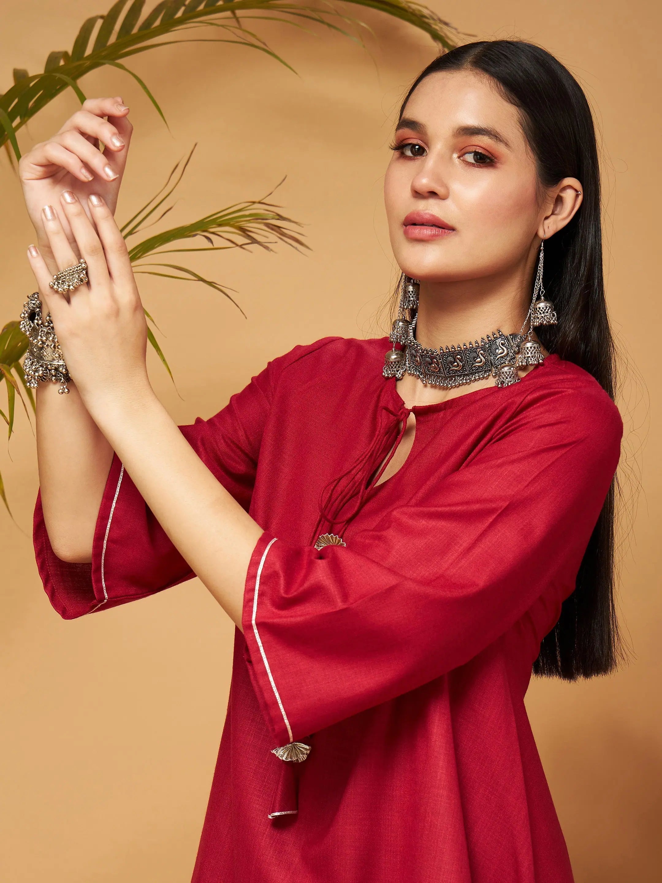 Maroon Peplum Top & Palazzos - Women's Western Clothing