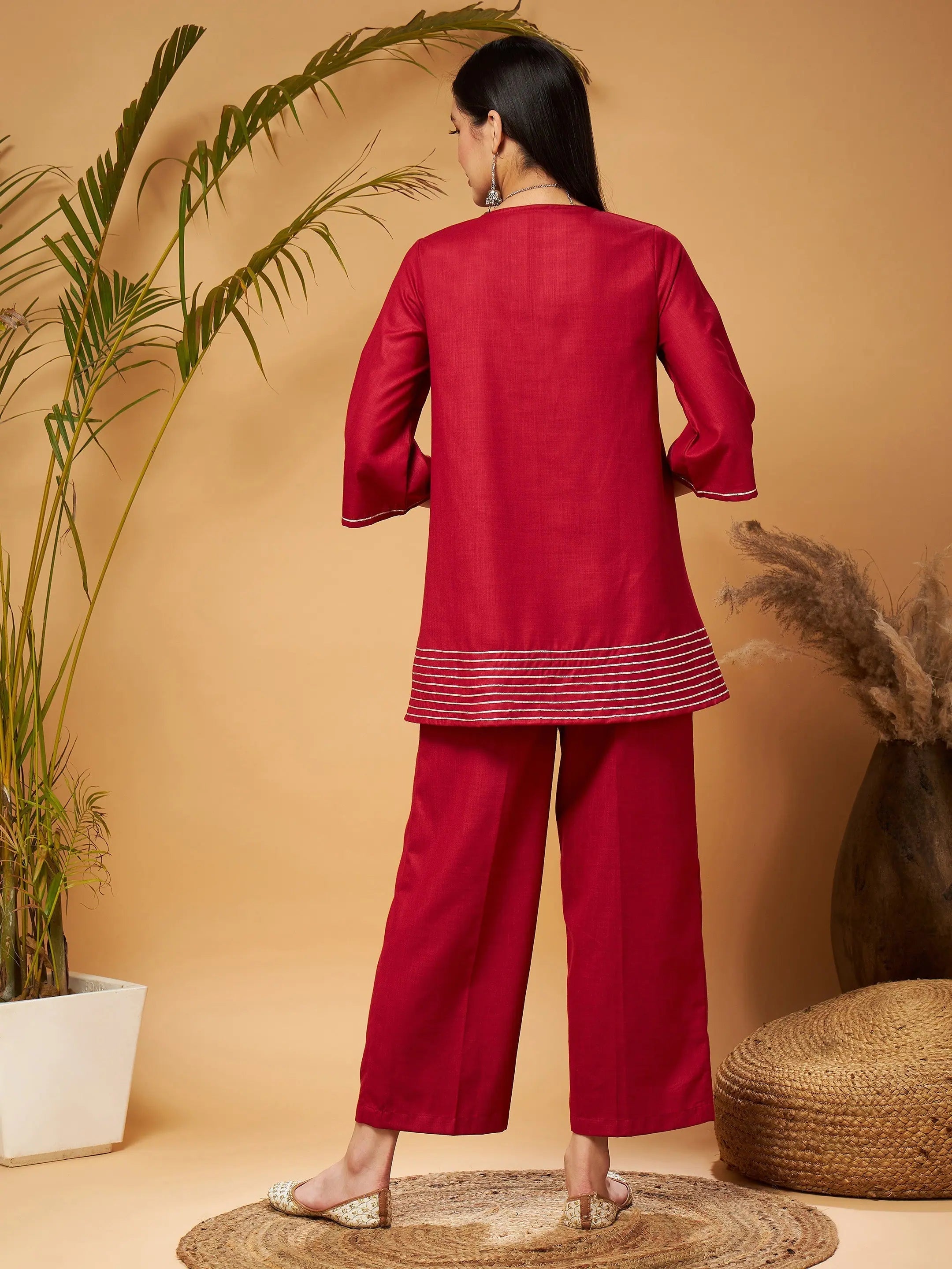 Maroon Peplum Top & Palazzos - Women's Western Clothing