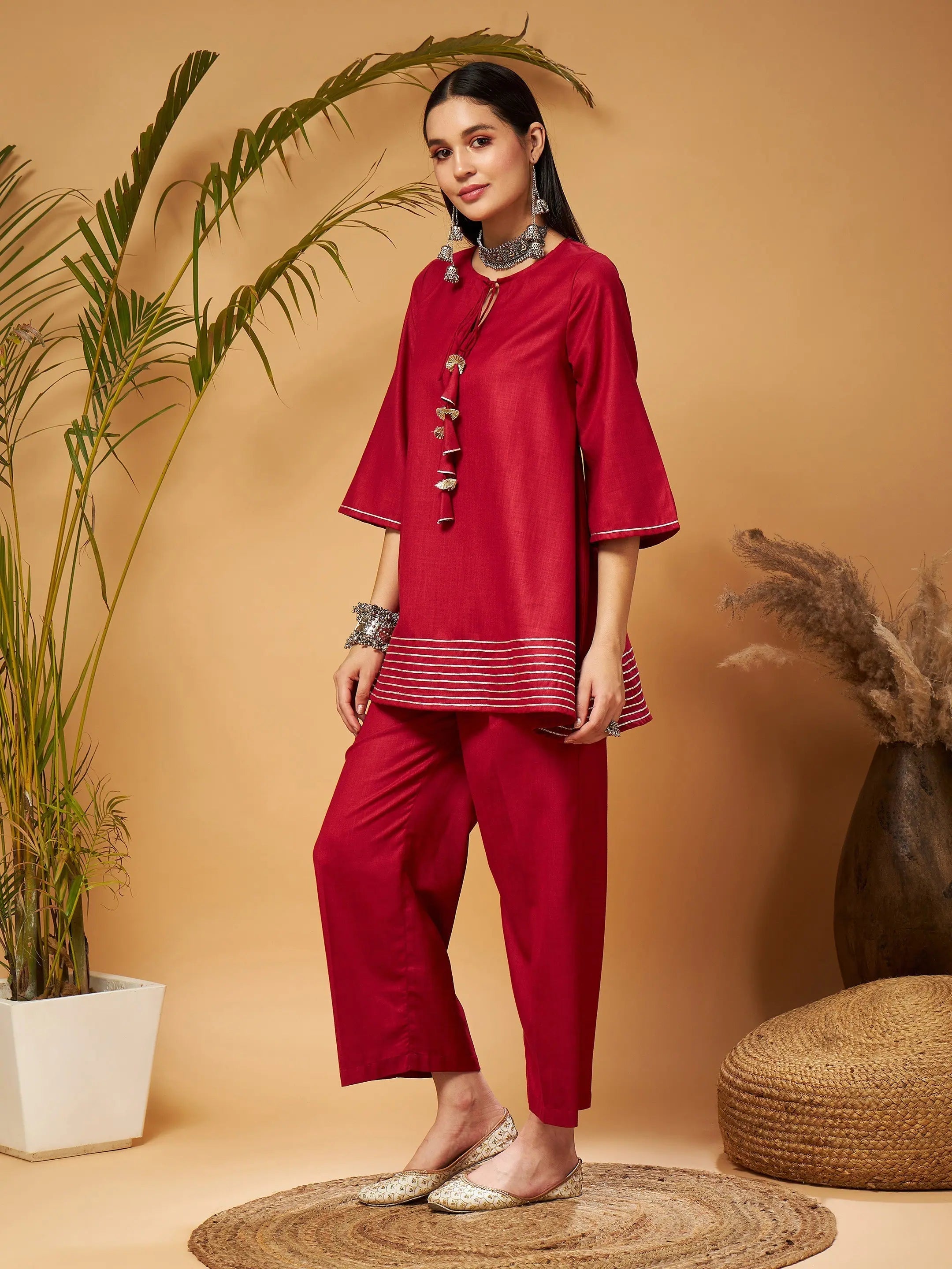 Maroon Peplum Top & Palazzos - Women's Western Clothing