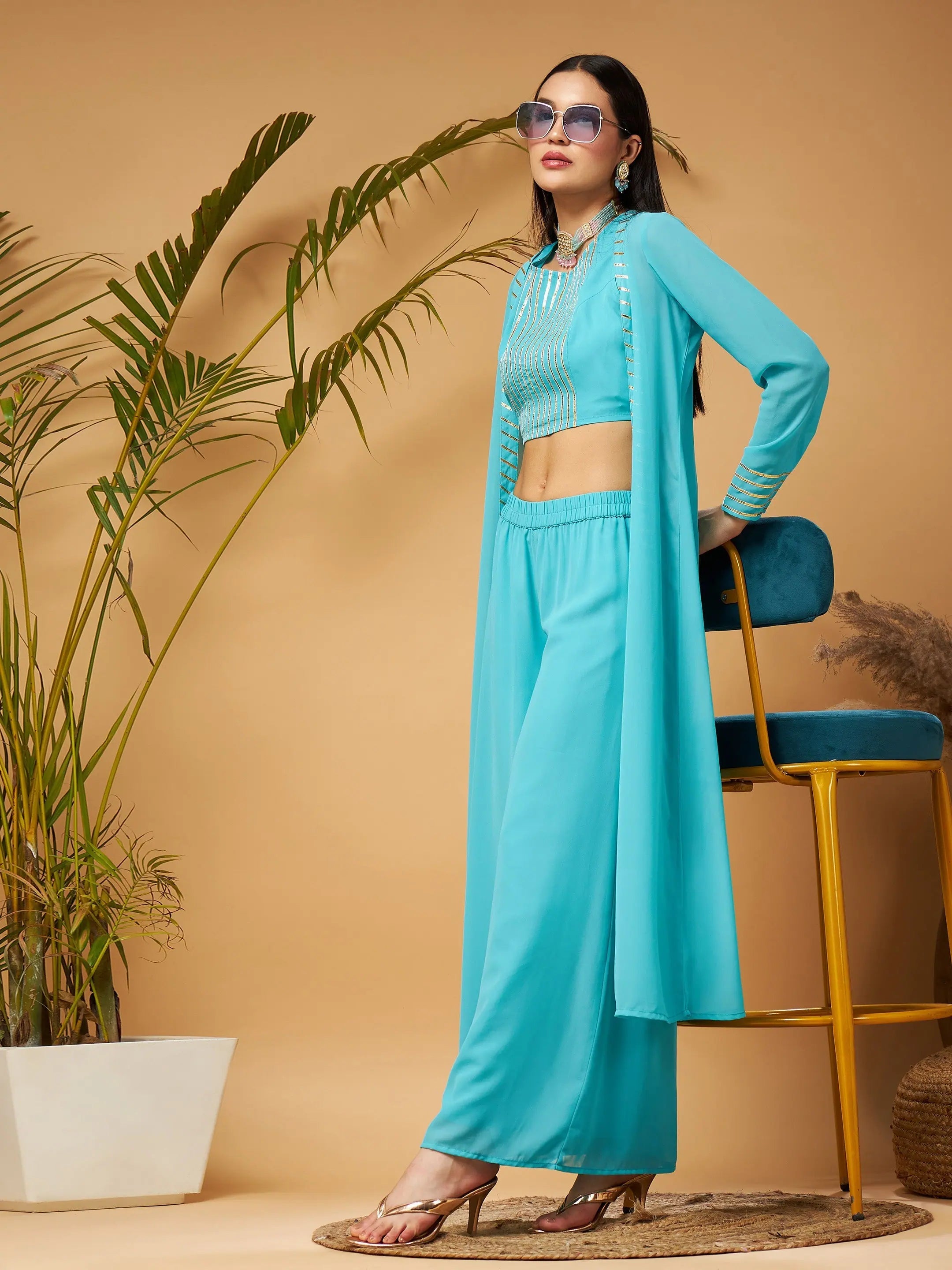Blue Crop Top With A-Line Pants & Shrug - Western Outfits
