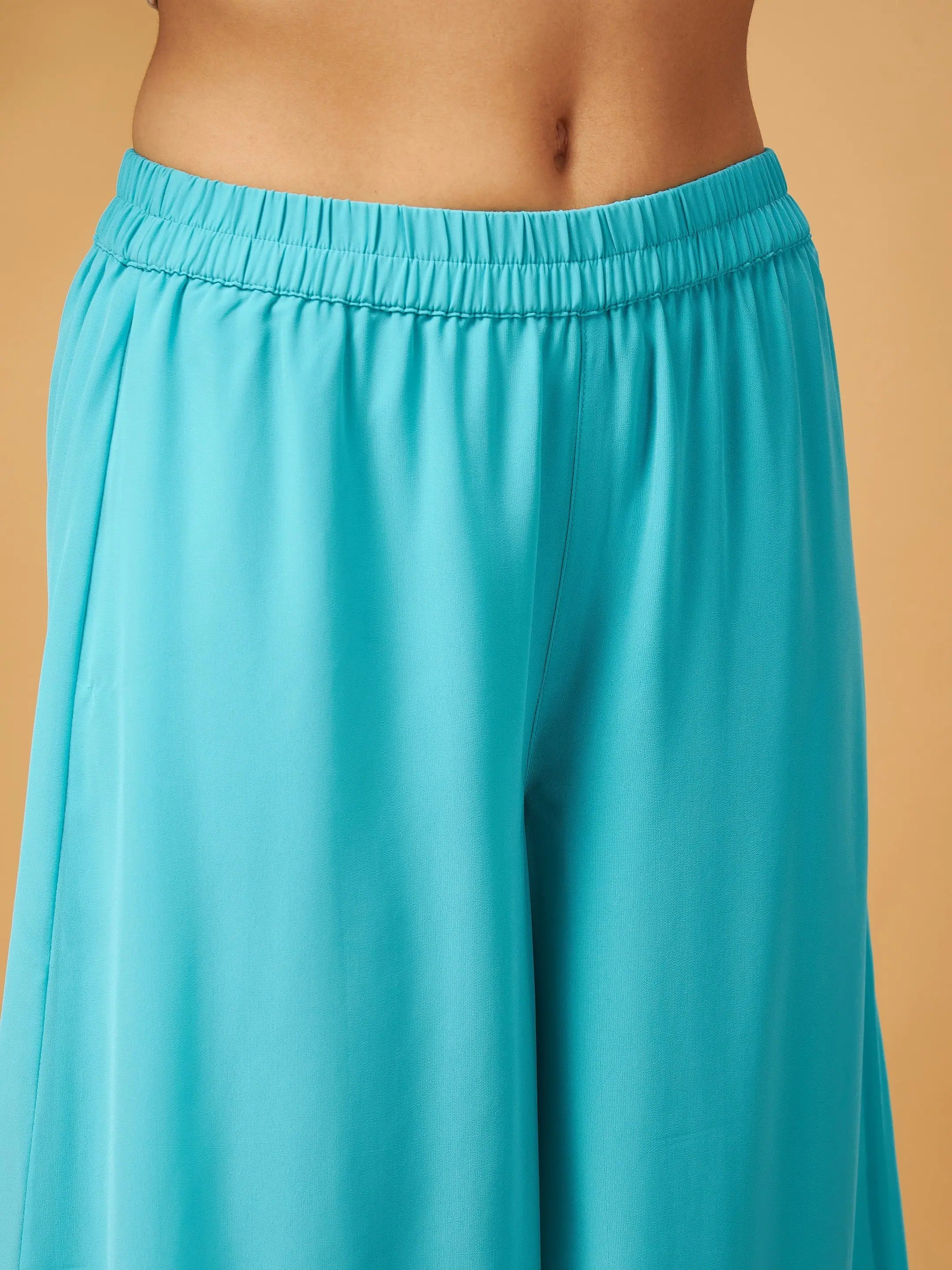 Blue Crop Top With A-Line Pants & Shrug - Western Outfits