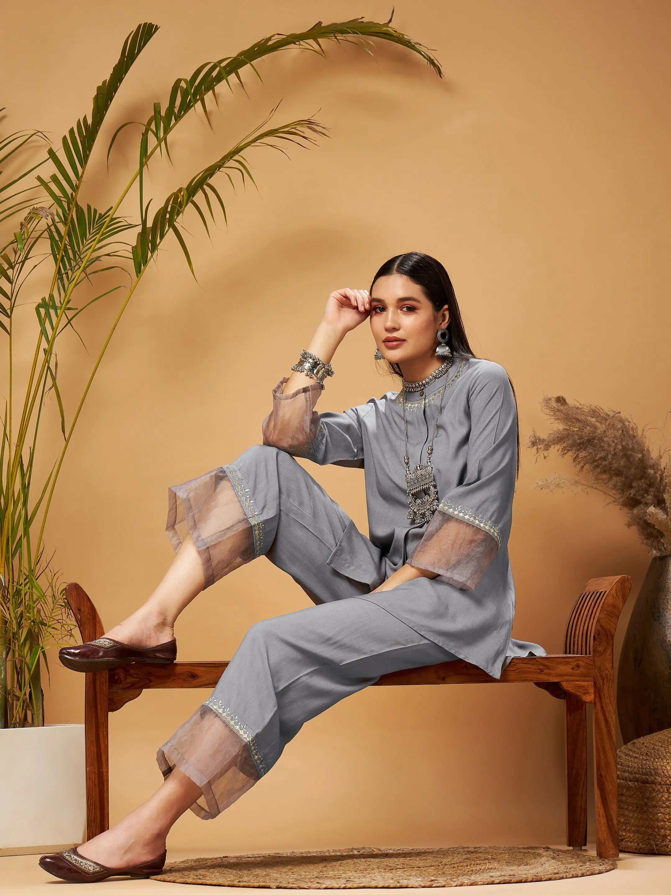 Grey Embroidered Women's Top & Palazzos - Elegant Women's Blouses