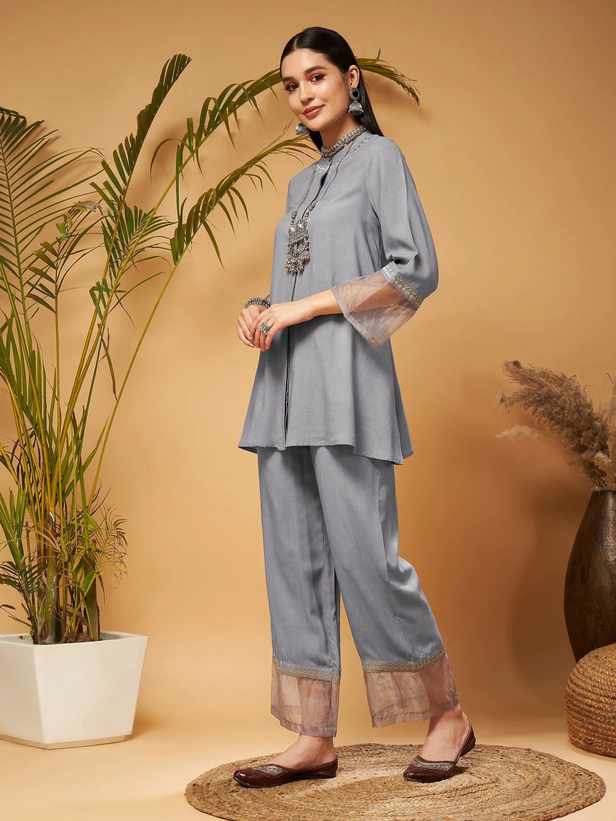 Grey Embroidered Women's Top & Palazzos - Elegant Women's Blouses