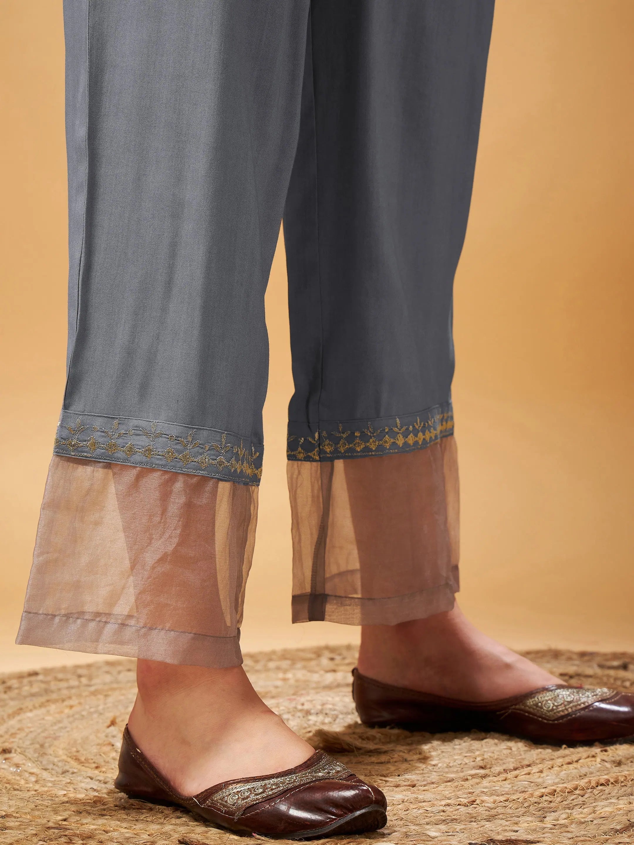 Grey Embroidered Women's Top & Palazzos - Elegant Women's Blouses