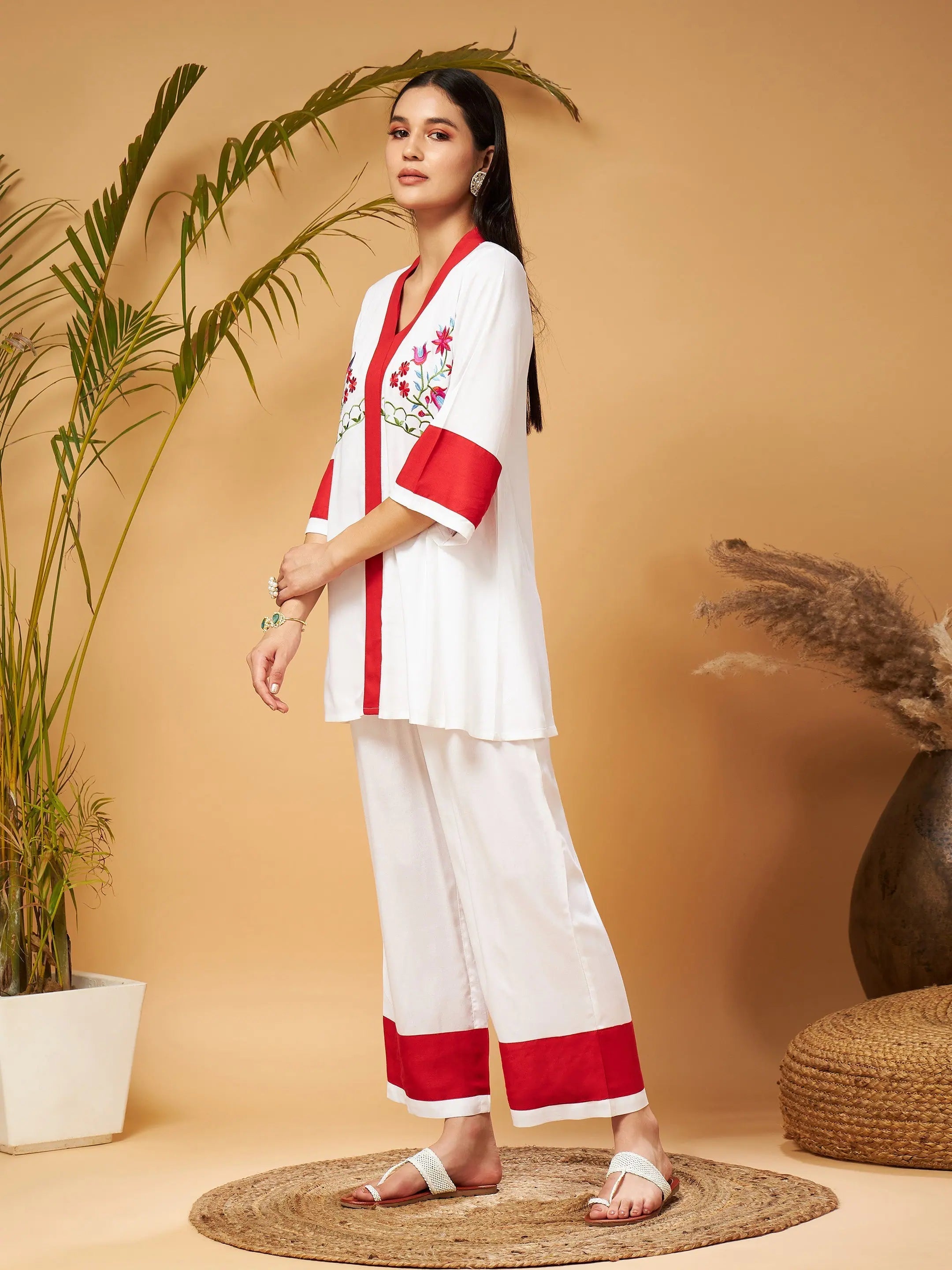 Off White Embroidered Top & Palazzos - Women's Western Outfits