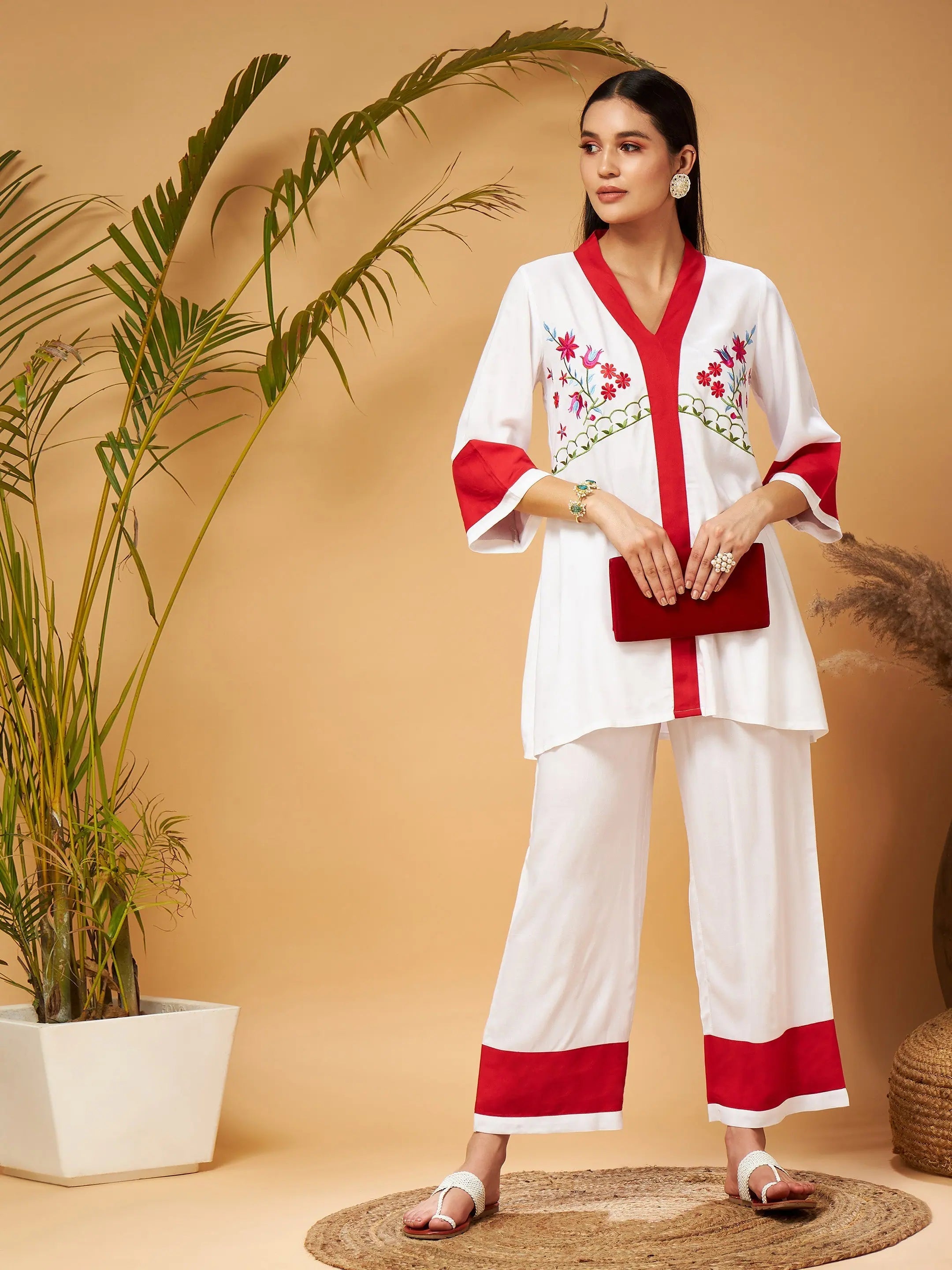 Off White Embroidered Top & Palazzos - Women's Western Outfits
