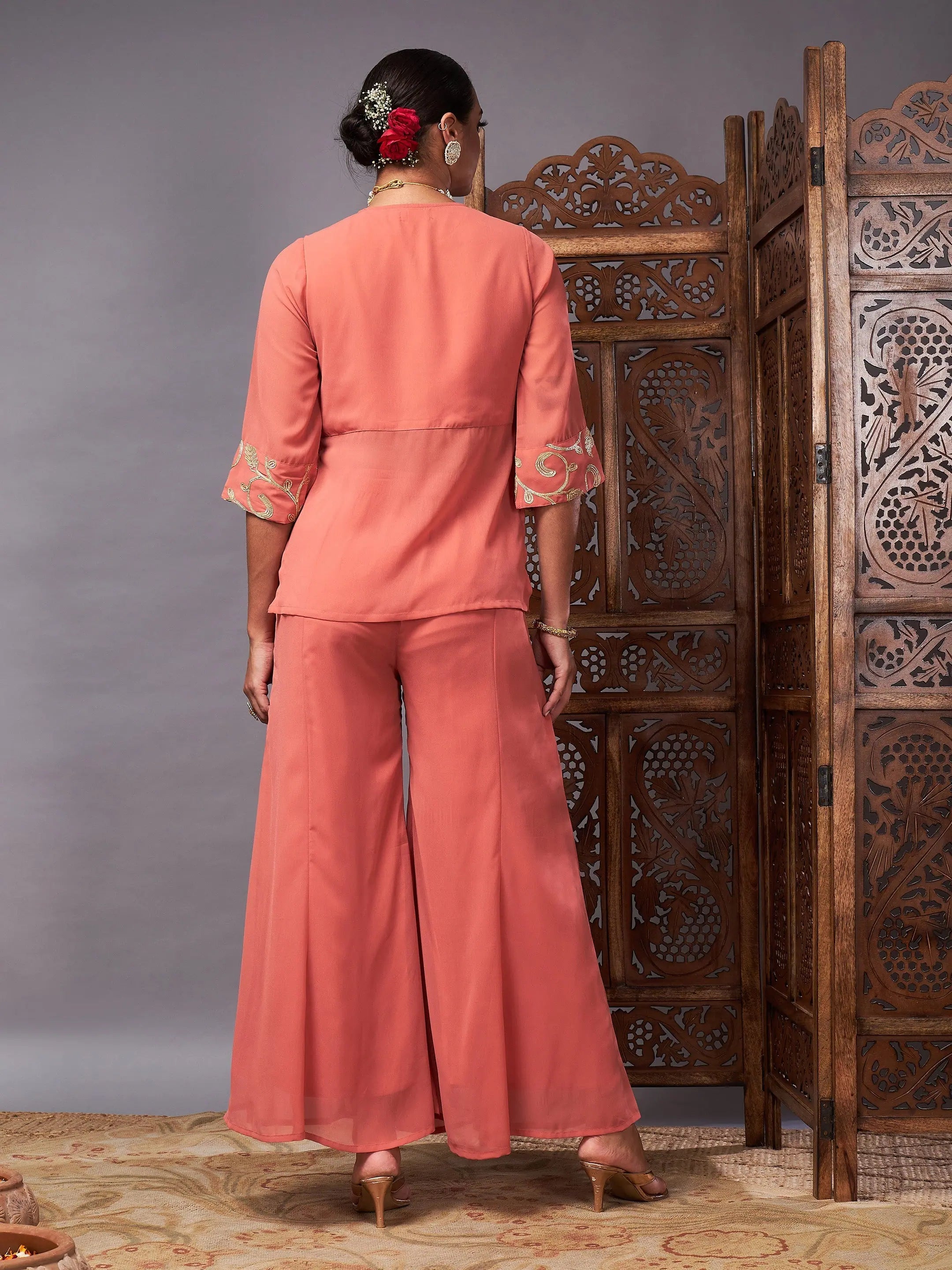 Rust Embroidered Top & Palazzos - Women's Western Wear Outfit