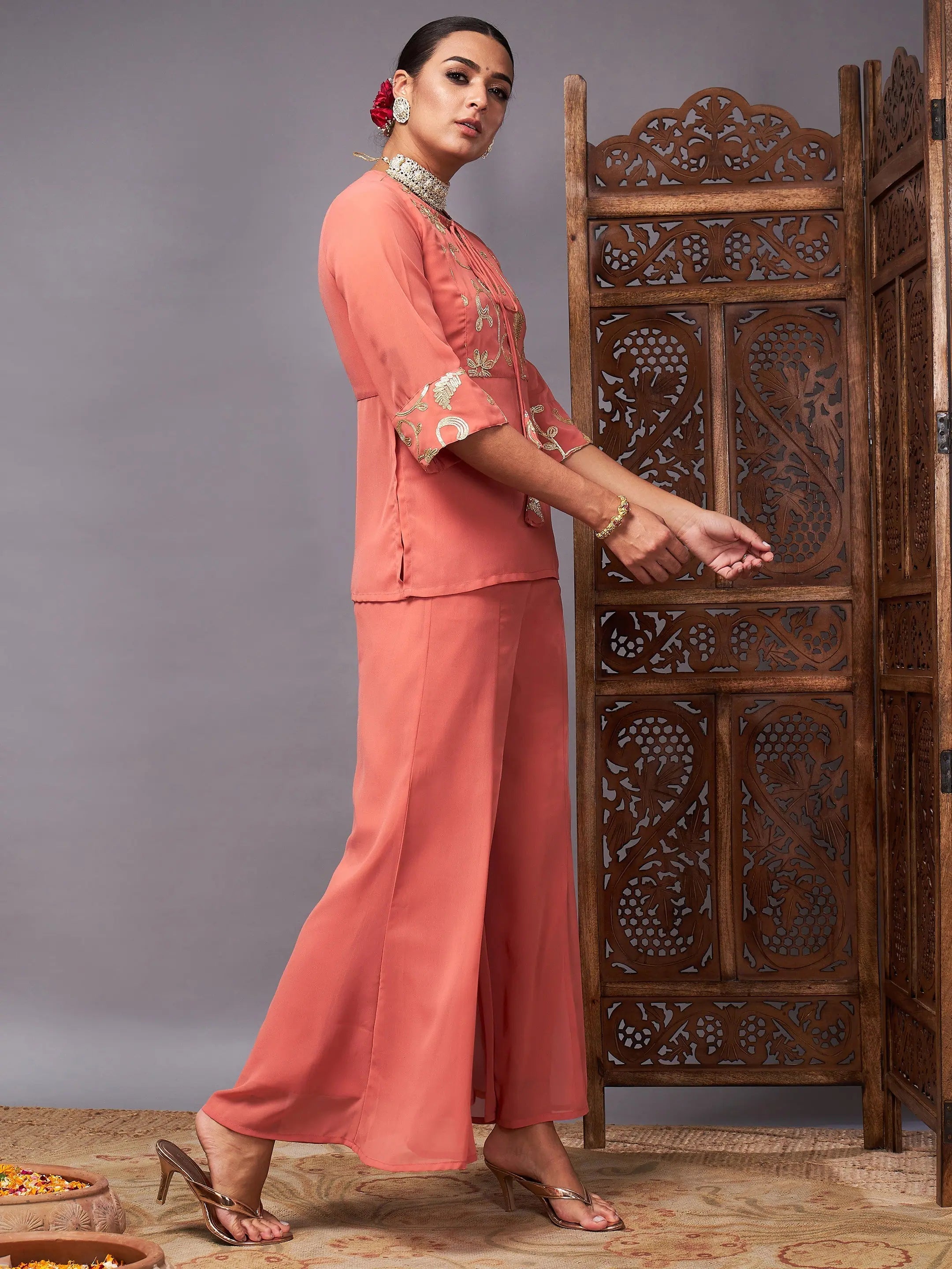 Rust Embroidered Top & Palazzos - Women's Western Wear Outfit