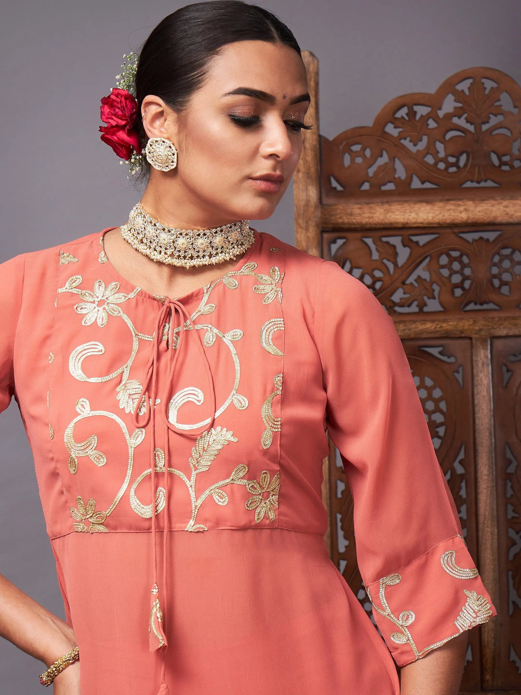 Rust Embroidered Top & Palazzos - Women's Western Wear Outfit
