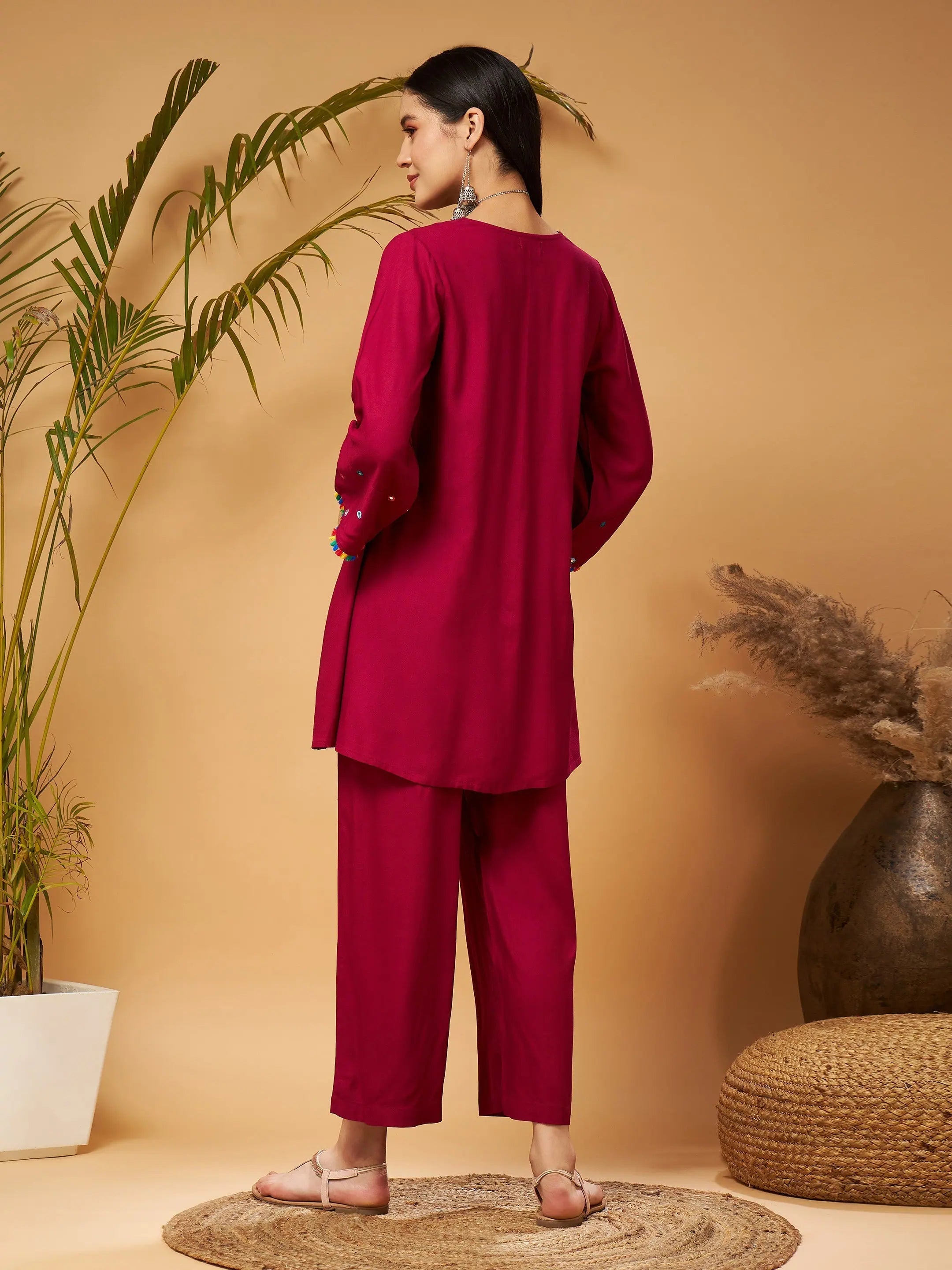 Burgundy Mirror Embroidered Top & Palazzos | Western Outfits