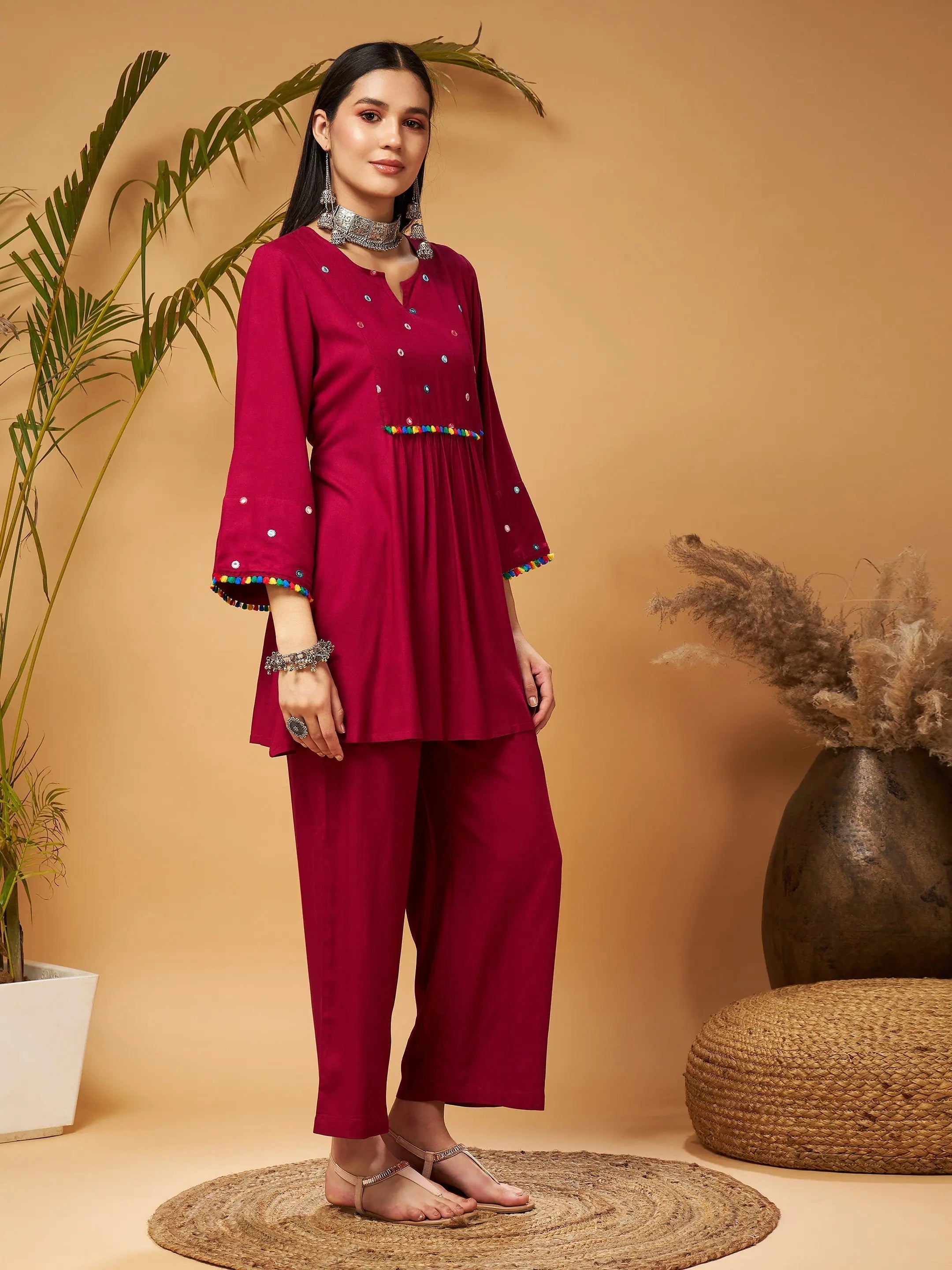 Burgundy Mirror Embroidered Top & Palazzos | Western Outfits