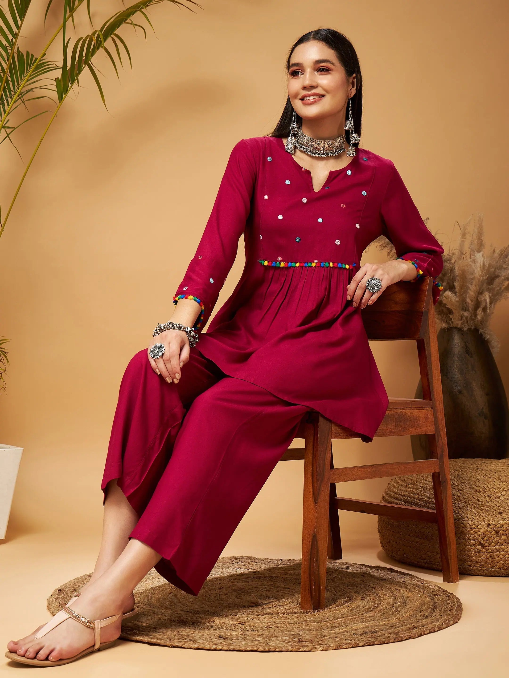 Burgundy Mirror Embroidered Top & Palazzos | Western Outfits