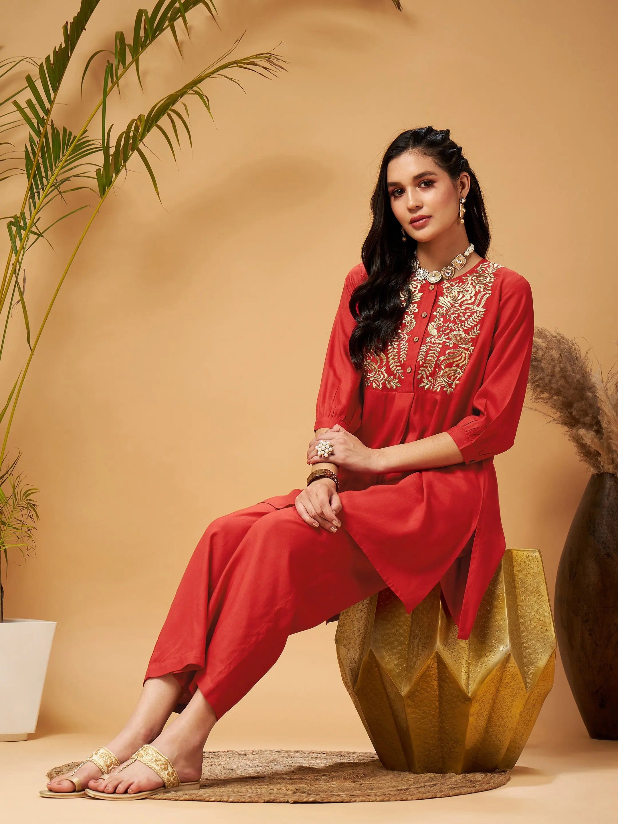 Red Zari Embroidered Bodice Top & Palazzos | Women's Western Wear