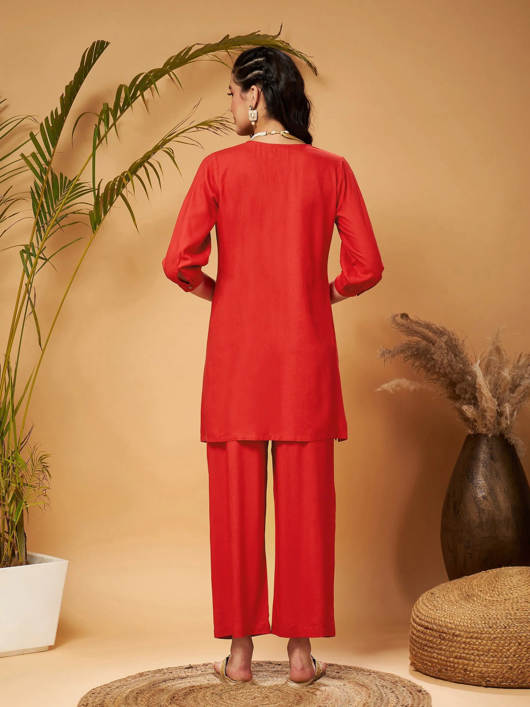 Red Zari Embroidered Bodice Top & Palazzos | Women's Western Wear