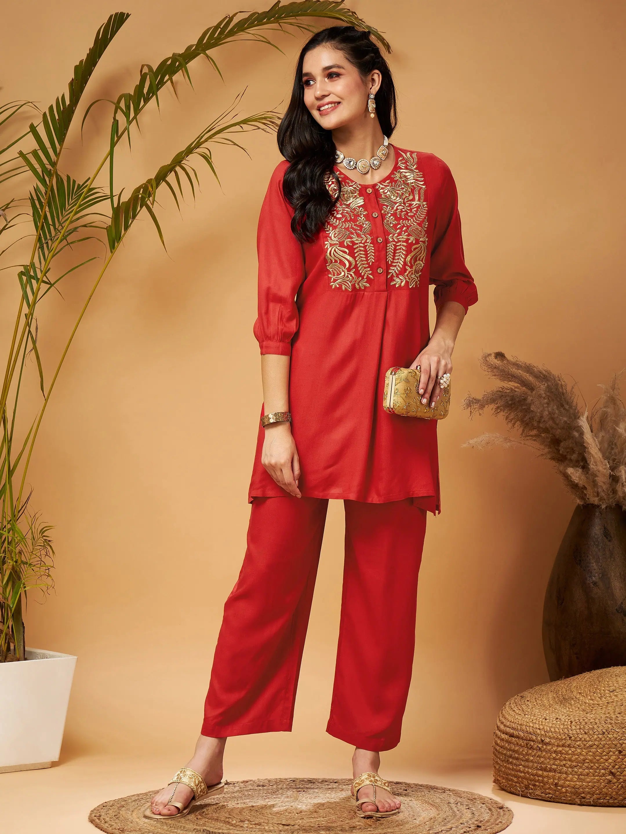 Red Zari Embroidered Bodice Top & Palazzos | Women's Western Wear