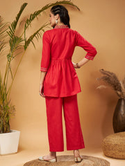 Women Red Embroidered Gathered Top With Palazzos