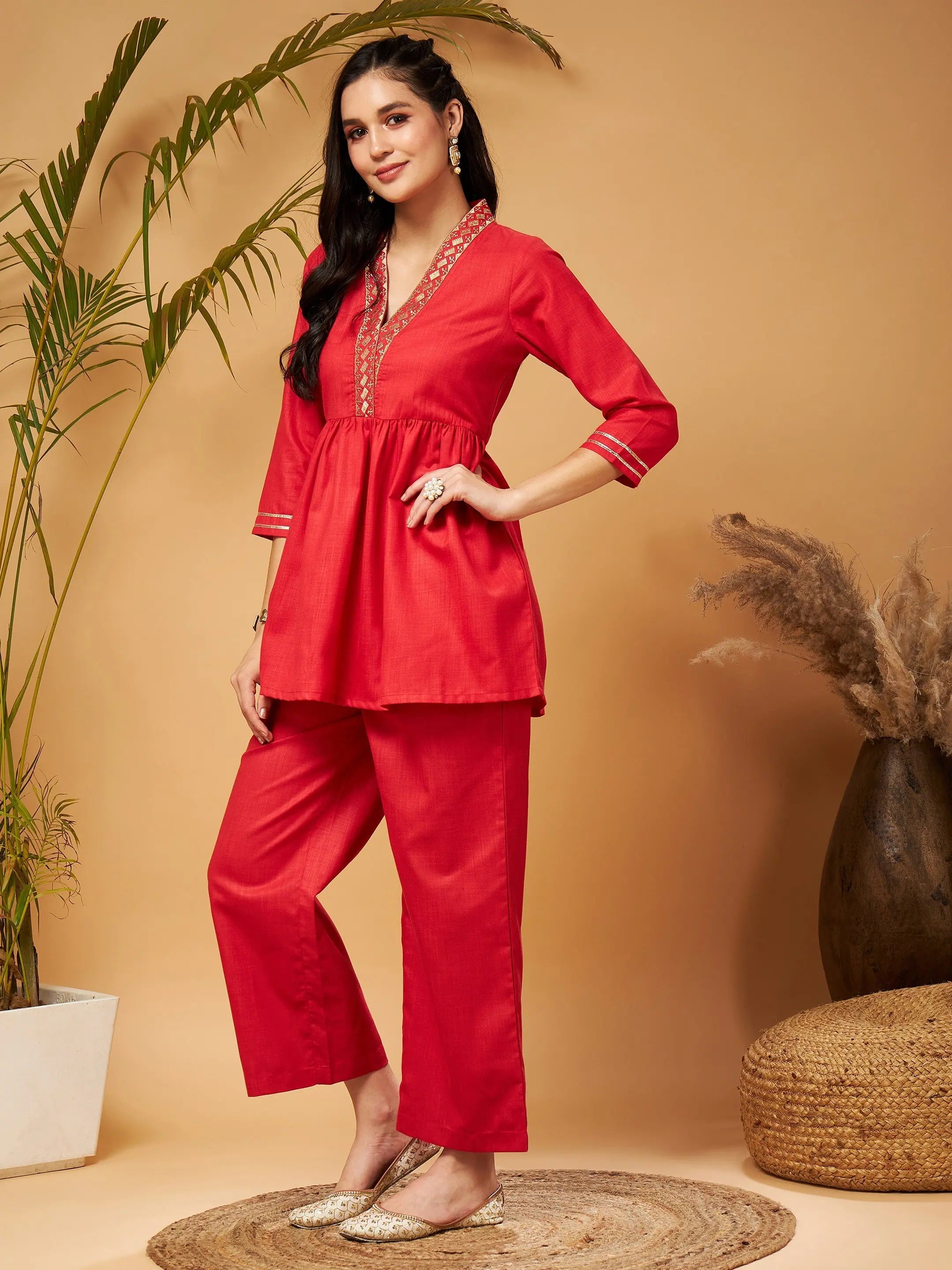 Red Embroidered Top & Palazzos Set | Women's Western Clothing