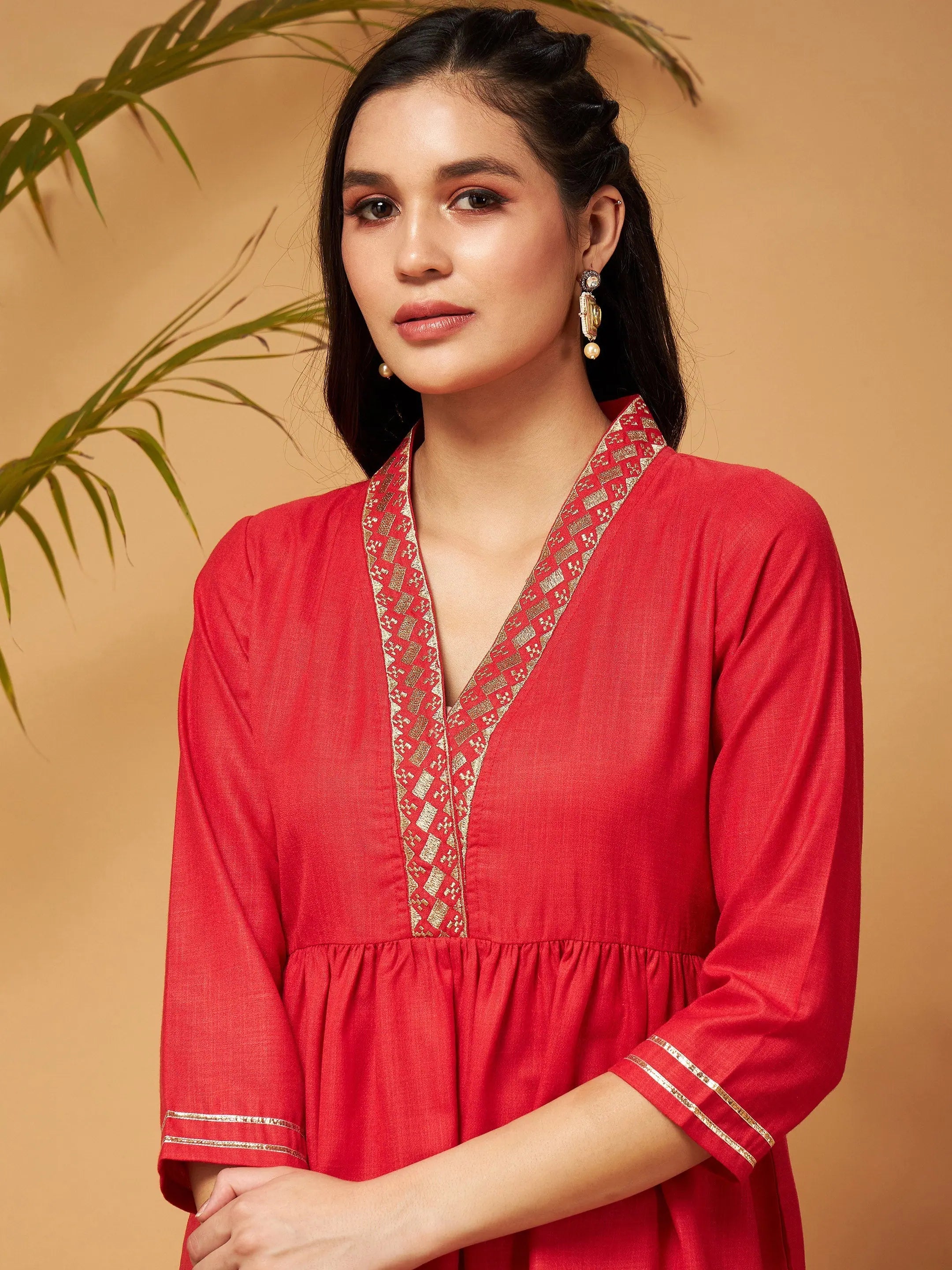 Red Embroidered Top & Palazzos Set | Women's Western Clothing
